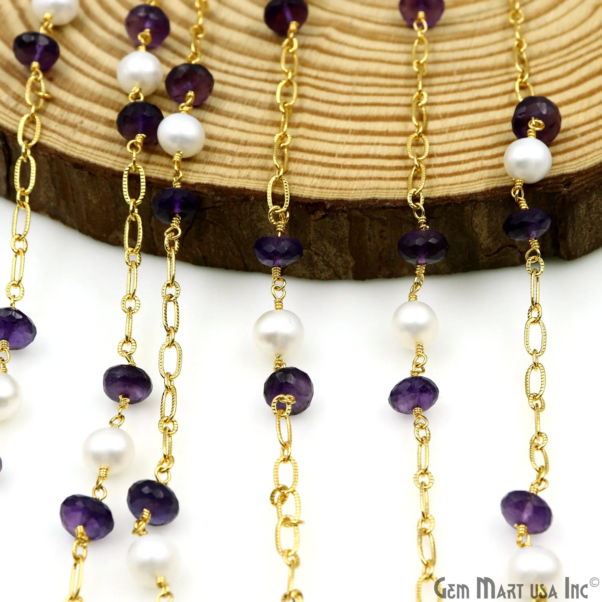 Amethyst & Pearl Round Beads Gold Plated Finding Rosary Chain