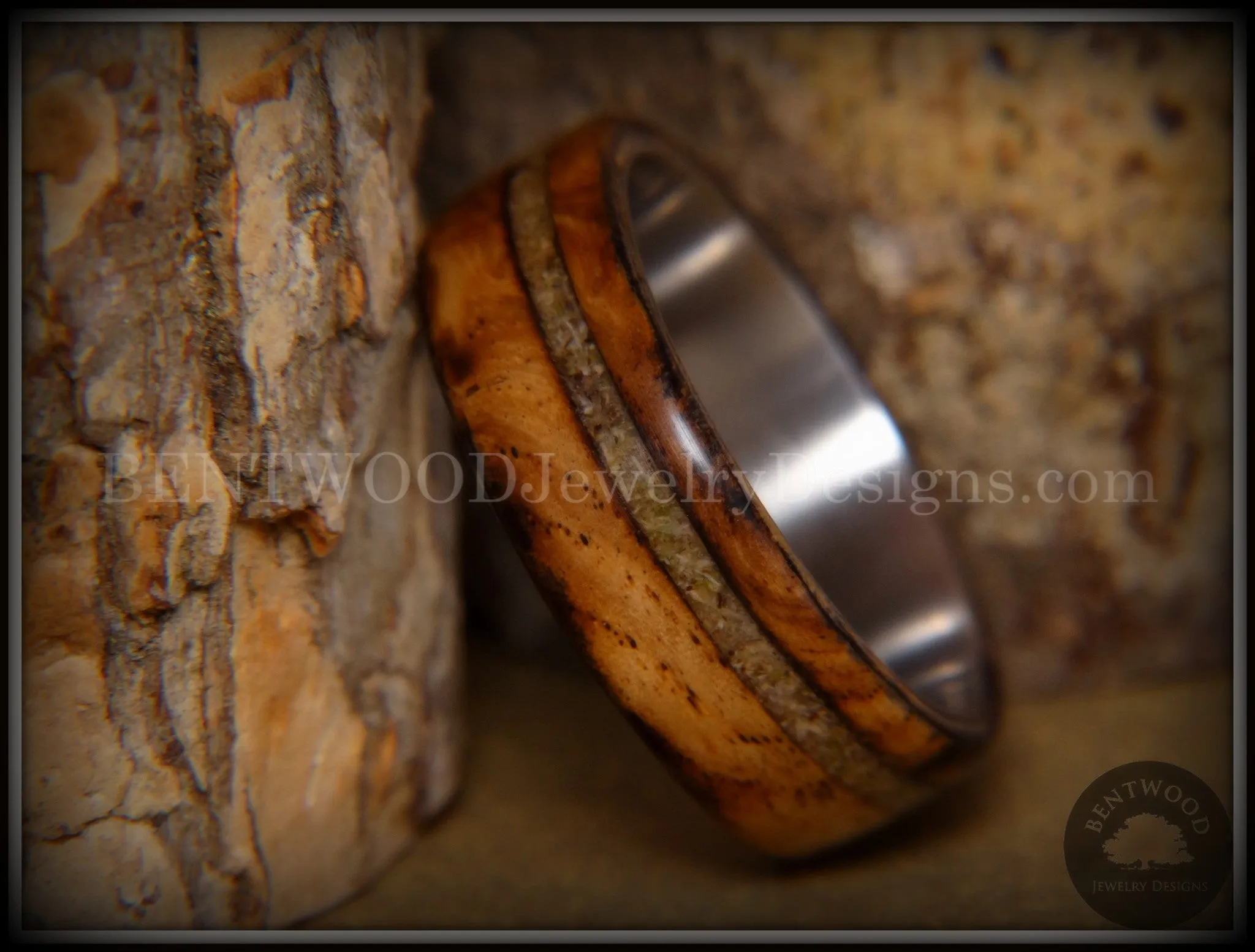 Bentwood Ring - "Live Smokey" Olivewood Ring on Stainless Steel Core with Live Oak Inlay