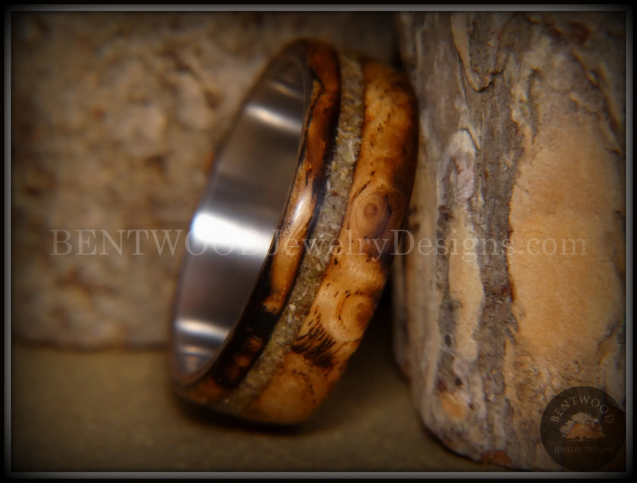 Bentwood Ring - "Live Smokey" Olivewood Ring on Stainless Steel Core with Live Oak Inlay