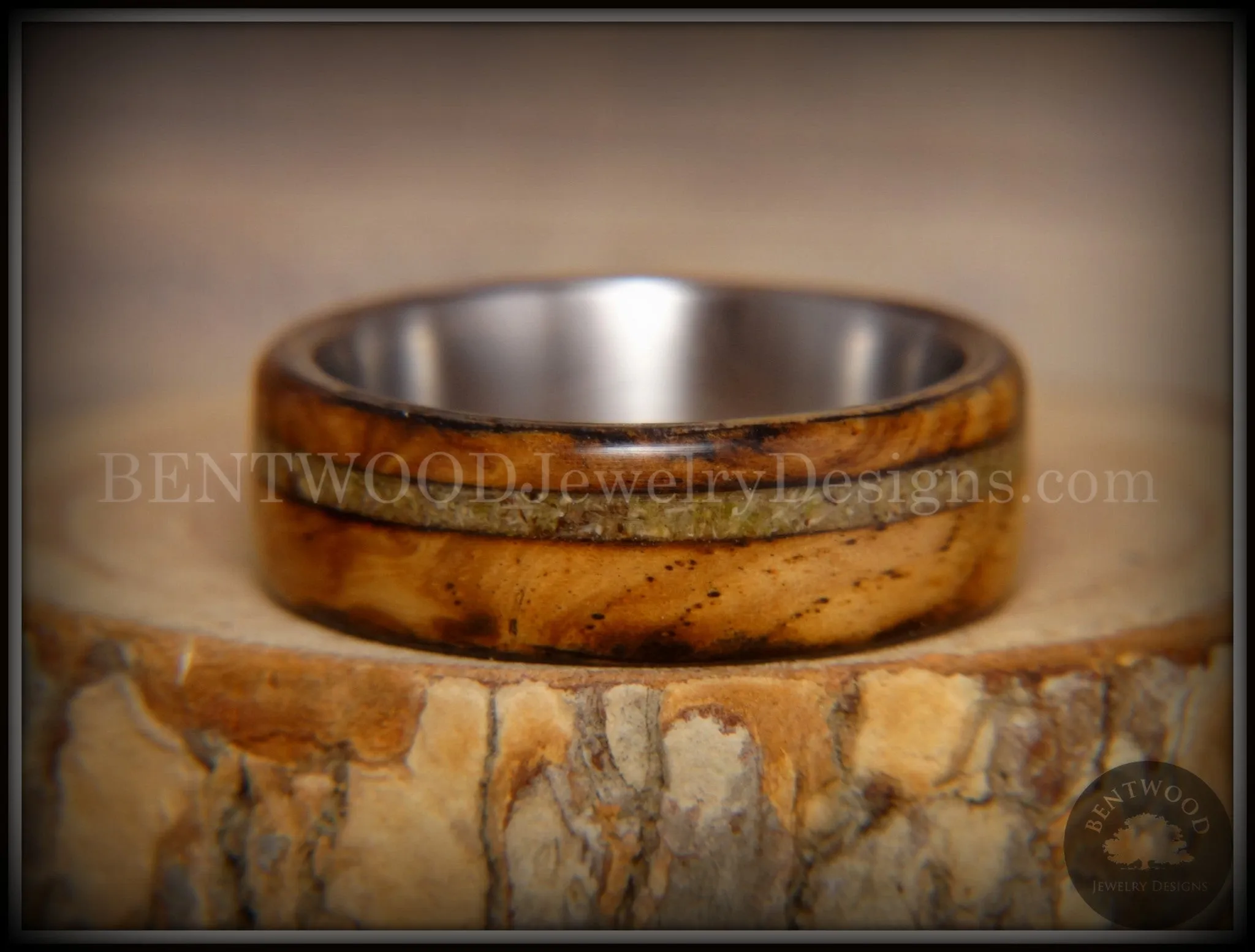 Bentwood Ring - "Live Smokey" Olivewood Ring on Stainless Steel Core with Live Oak Inlay