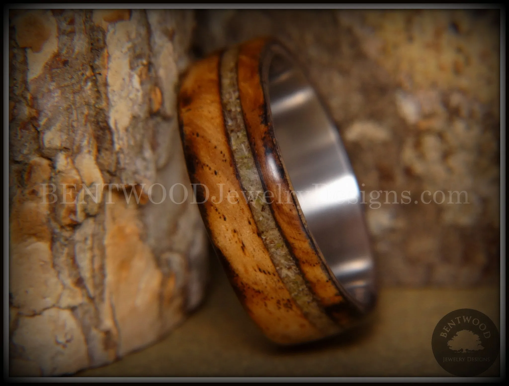 Bentwood Ring - "Live Smokey" Olivewood Ring on Stainless Steel Core with Live Oak Inlay