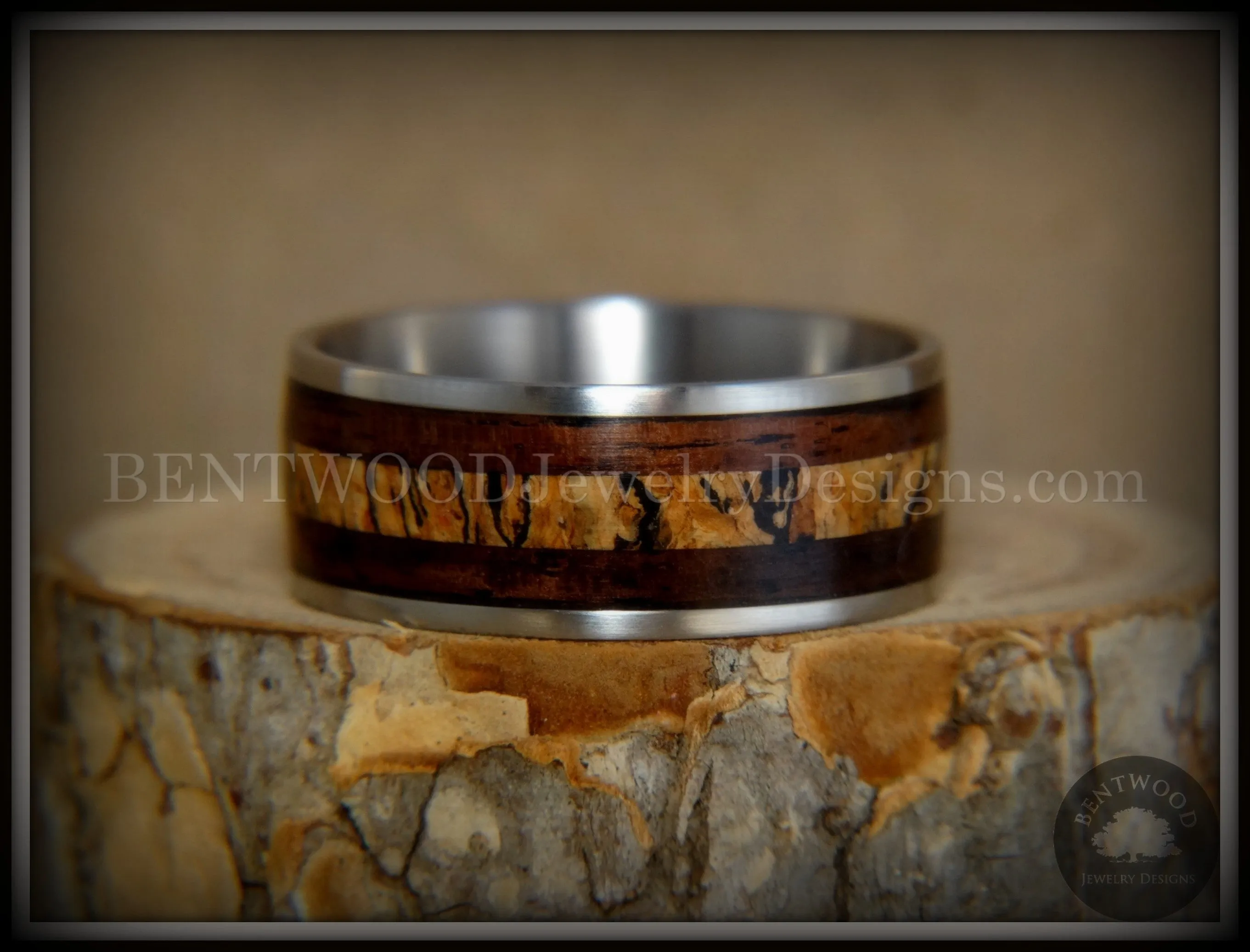 Bentwood Ring - "New Growth" Amazon Rosewood Spalted Maple Inlay Wood Ring on Titanium Steel Comfort Fit Core