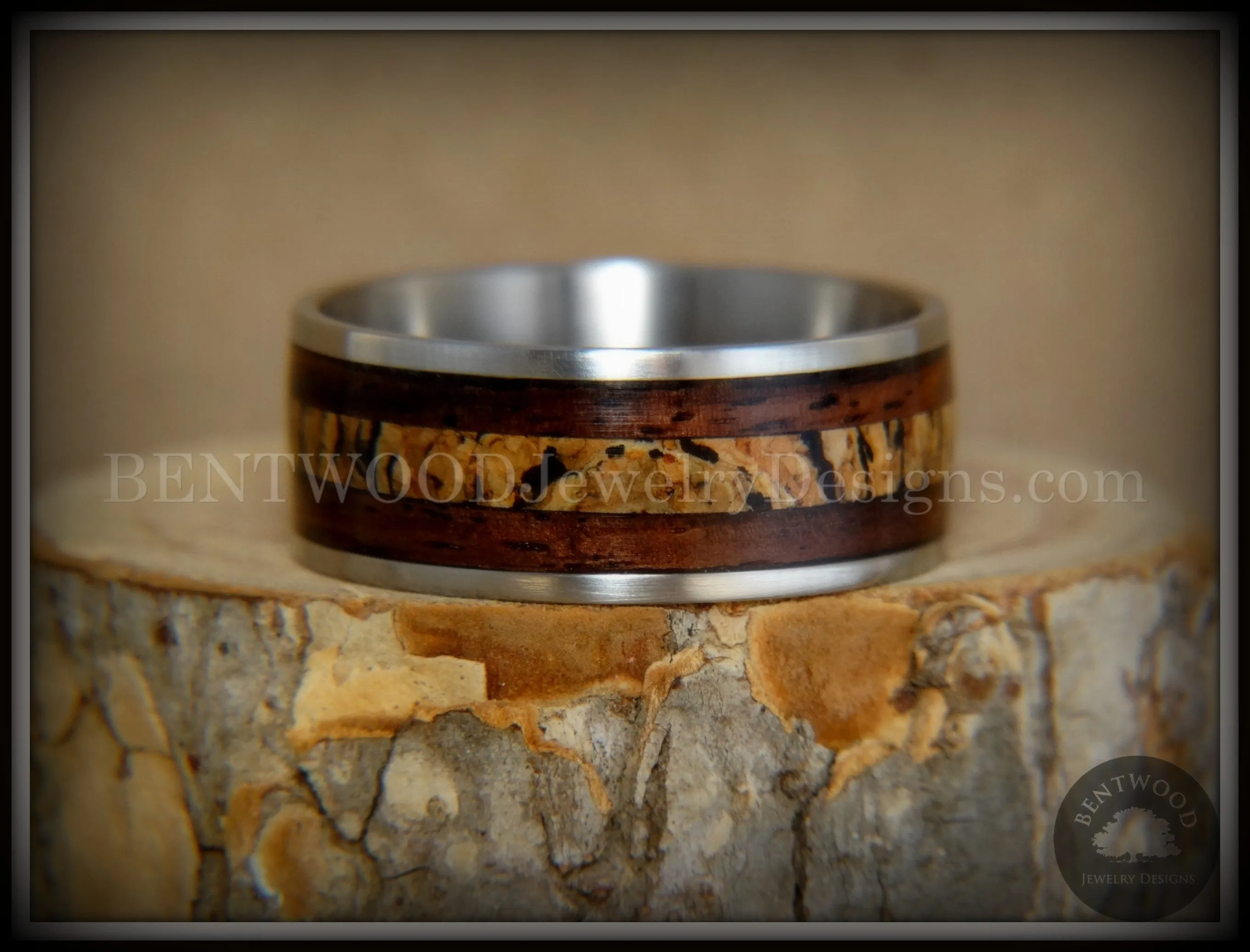 Bentwood Ring - "New Growth" Amazon Rosewood Spalted Maple Inlay Wood Ring on Titanium Steel Comfort Fit Core