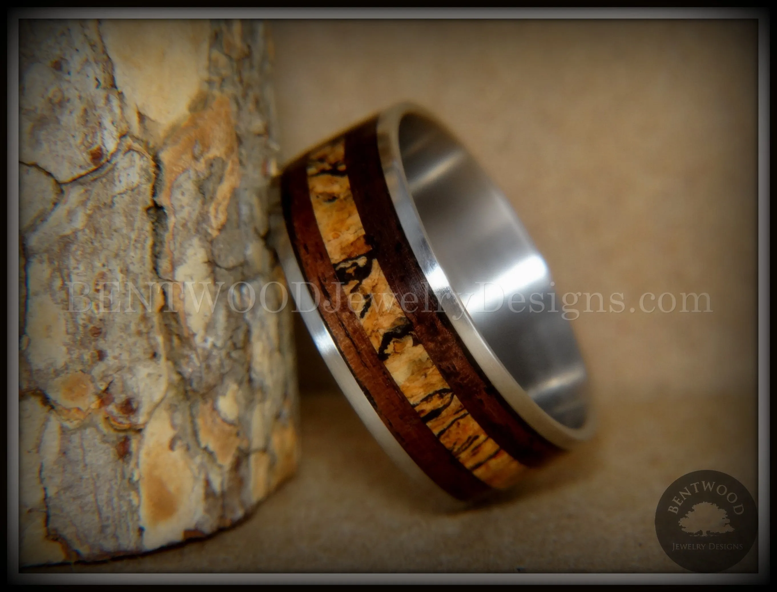Bentwood Ring - "New Growth" Amazon Rosewood Spalted Maple Inlay Wood Ring on Titanium Steel Comfort Fit Core