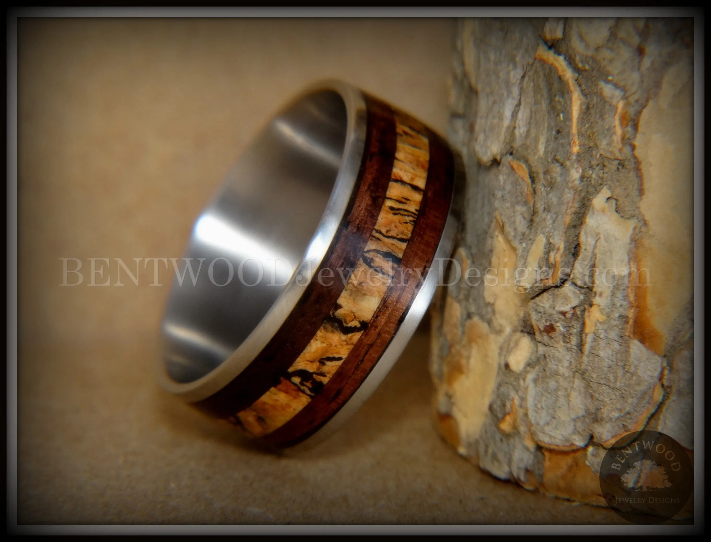 Bentwood Ring - "New Growth" Amazon Rosewood Spalted Maple Inlay Wood Ring on Titanium Steel Comfort Fit Core