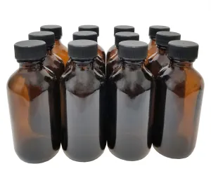 Bottle, Flint Glass, Amber Color, 4 ounce, with cap.  Pack 12.