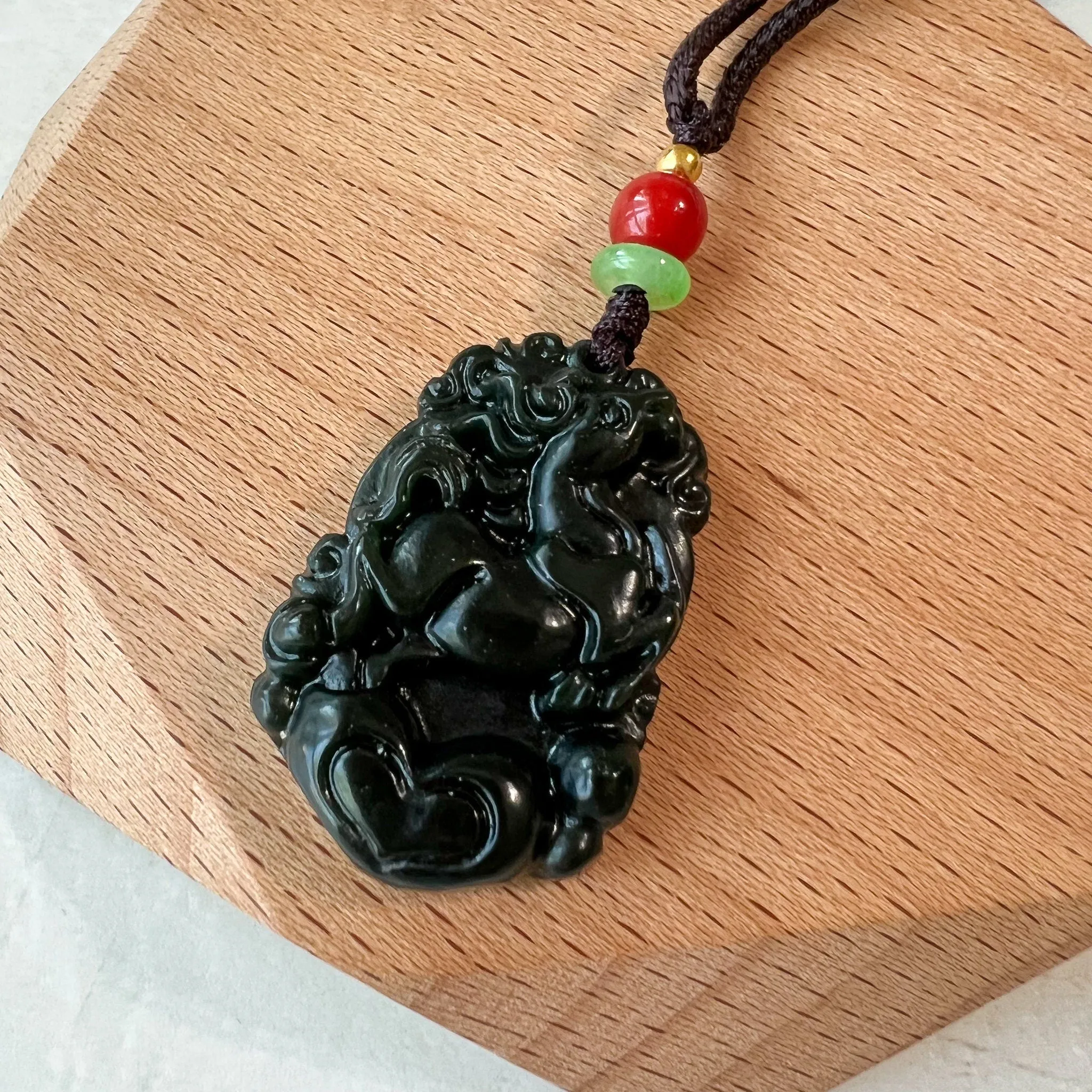 Dark Green Horse Nephrite Jade Chinese Zodiac Carved Pendant Necklace, RM-1221-1657826668
