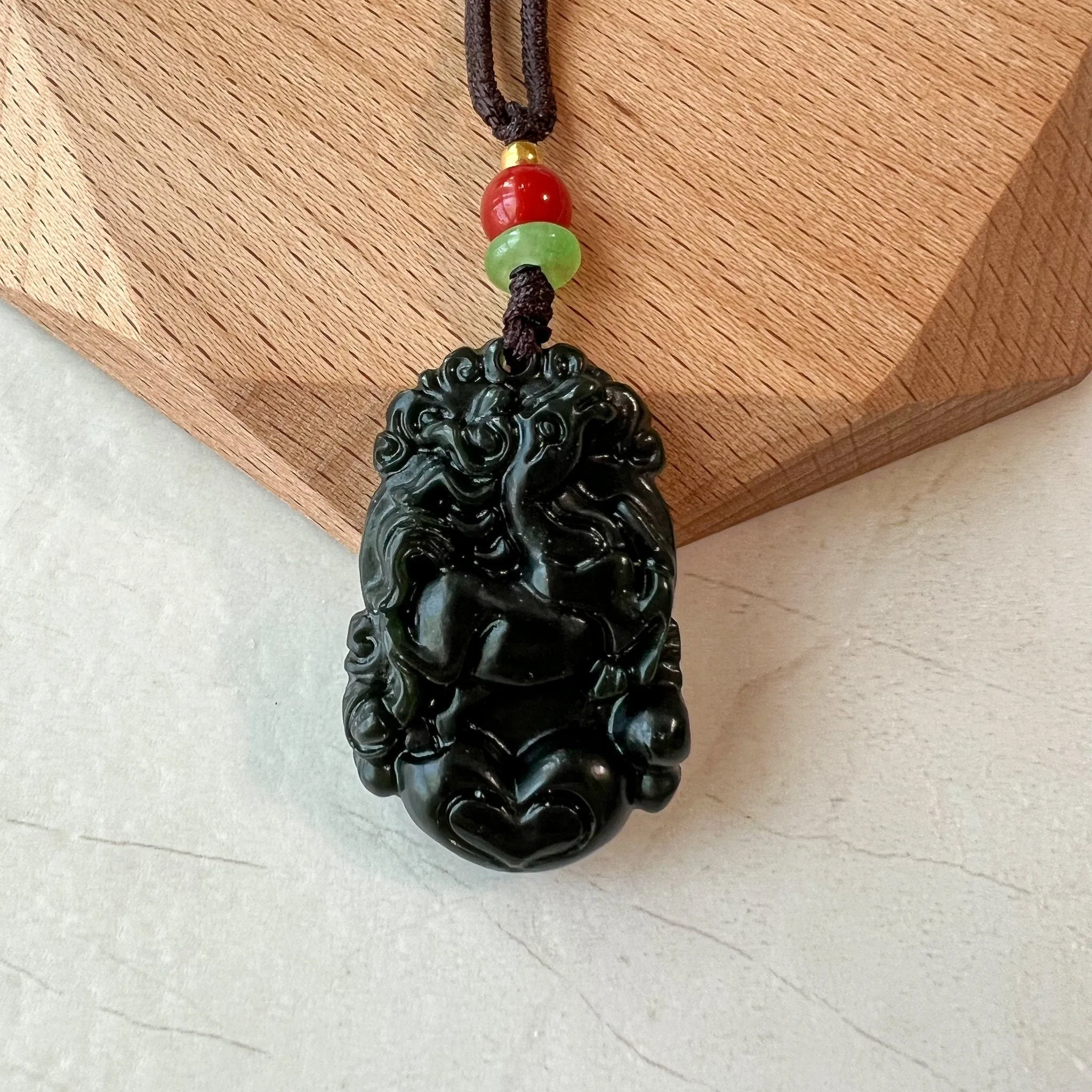Dark Green Horse Nephrite Jade Chinese Zodiac Carved Pendant Necklace, RM-1221-1657826668