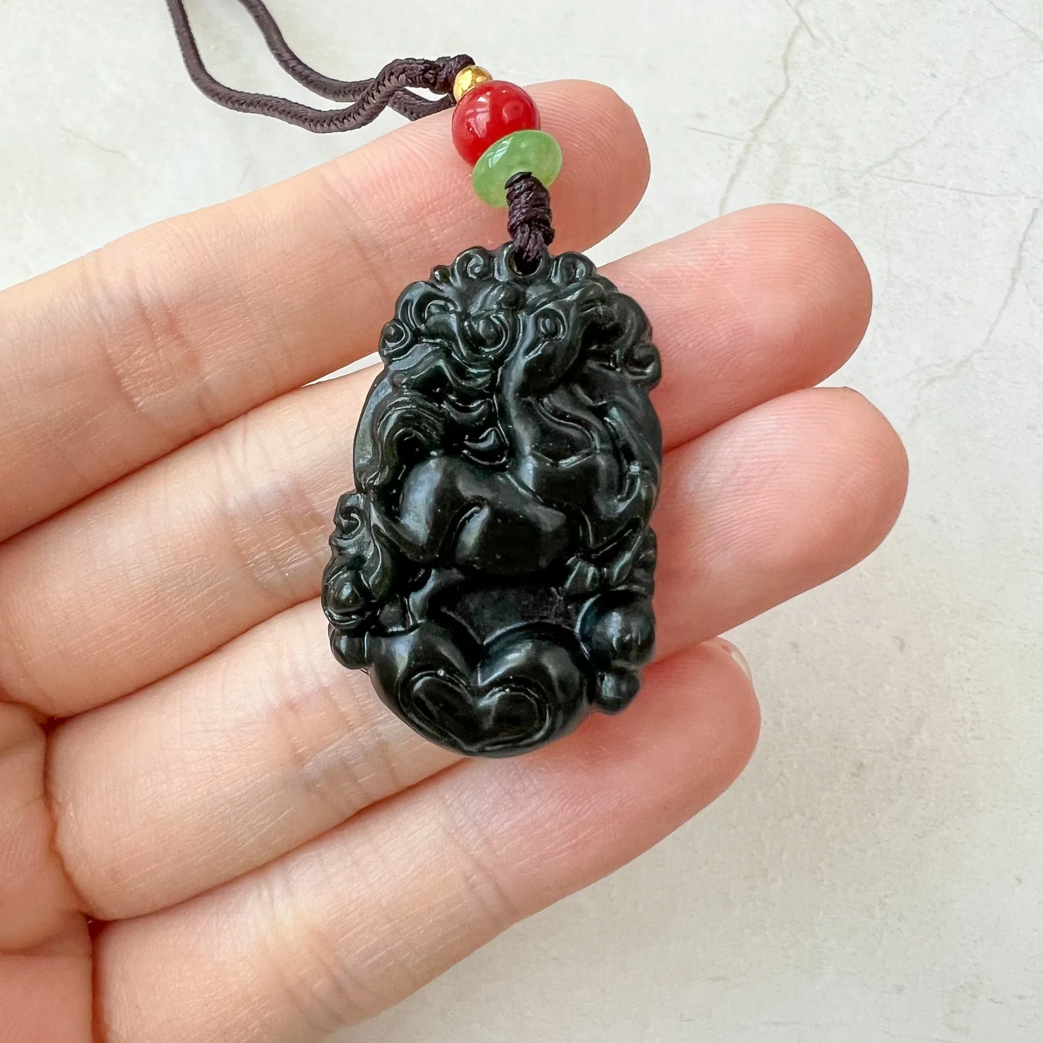 Dark Green Horse Nephrite Jade Chinese Zodiac Carved Pendant Necklace, RM-1221-1657826668