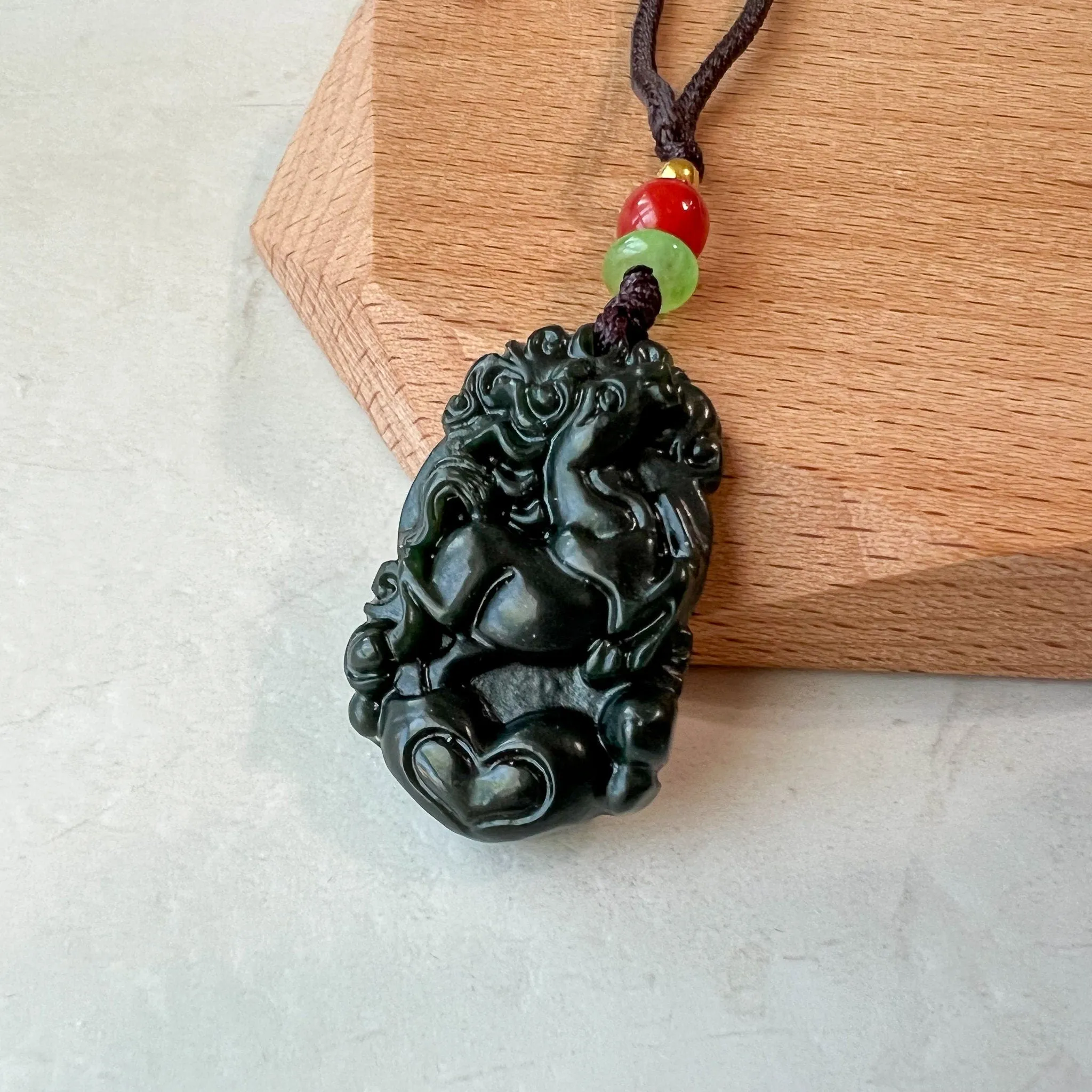 Dark Green Horse Nephrite Jade Chinese Zodiac Carved Pendant Necklace, RM-1221-1657826668
