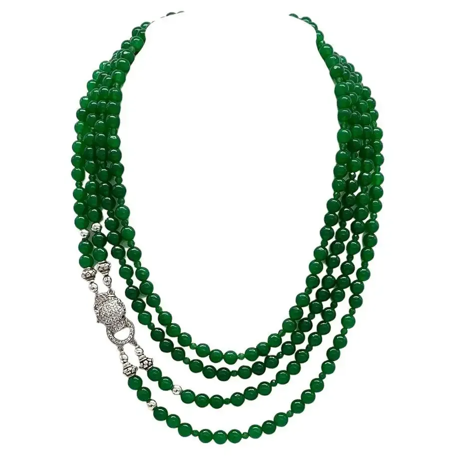 Double-strand Jade Necklace with Sterling Silver Leopard Clasp