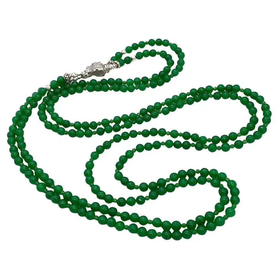 Double-strand Jade Necklace with Sterling Silver Leopard Clasp