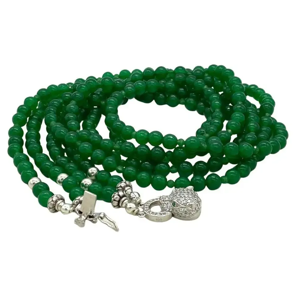 Double-strand Jade Necklace with Sterling Silver Leopard Clasp