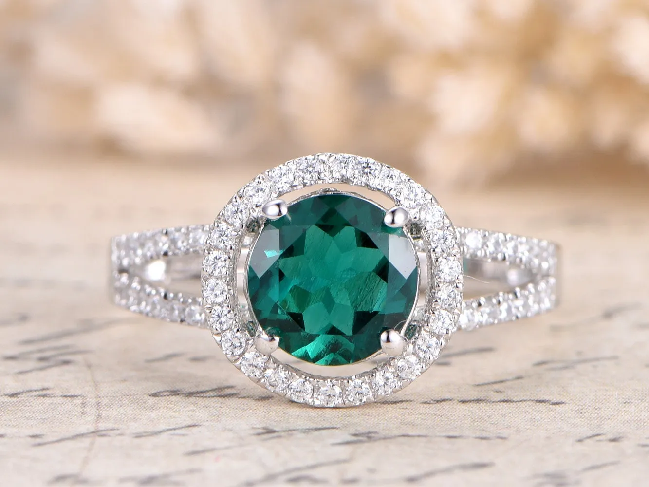 Emerald Engagement Ring 14K White Gold Ring Diamond Band 7mm Round Emerald Ring Split Shank Band Art Deco Ring Promise Ring, Rings For Women