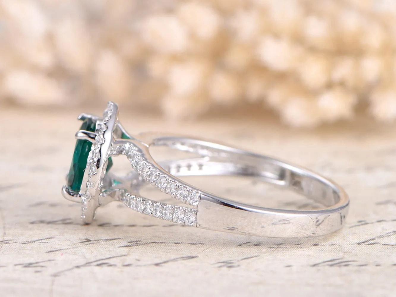 Emerald Engagement Ring 14K White Gold Ring Diamond Band 7mm Round Emerald Ring Split Shank Band Art Deco Ring Promise Ring, Rings For Women