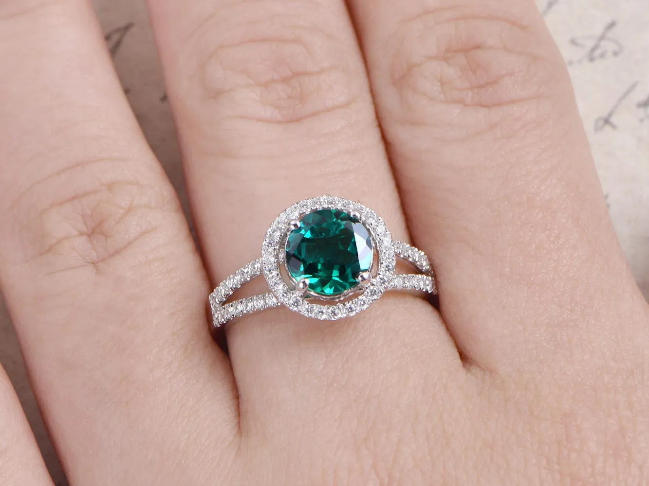 Emerald Engagement Ring 14K White Gold Ring Diamond Band 7mm Round Emerald Ring Split Shank Band Art Deco Ring Promise Ring, Rings For Women