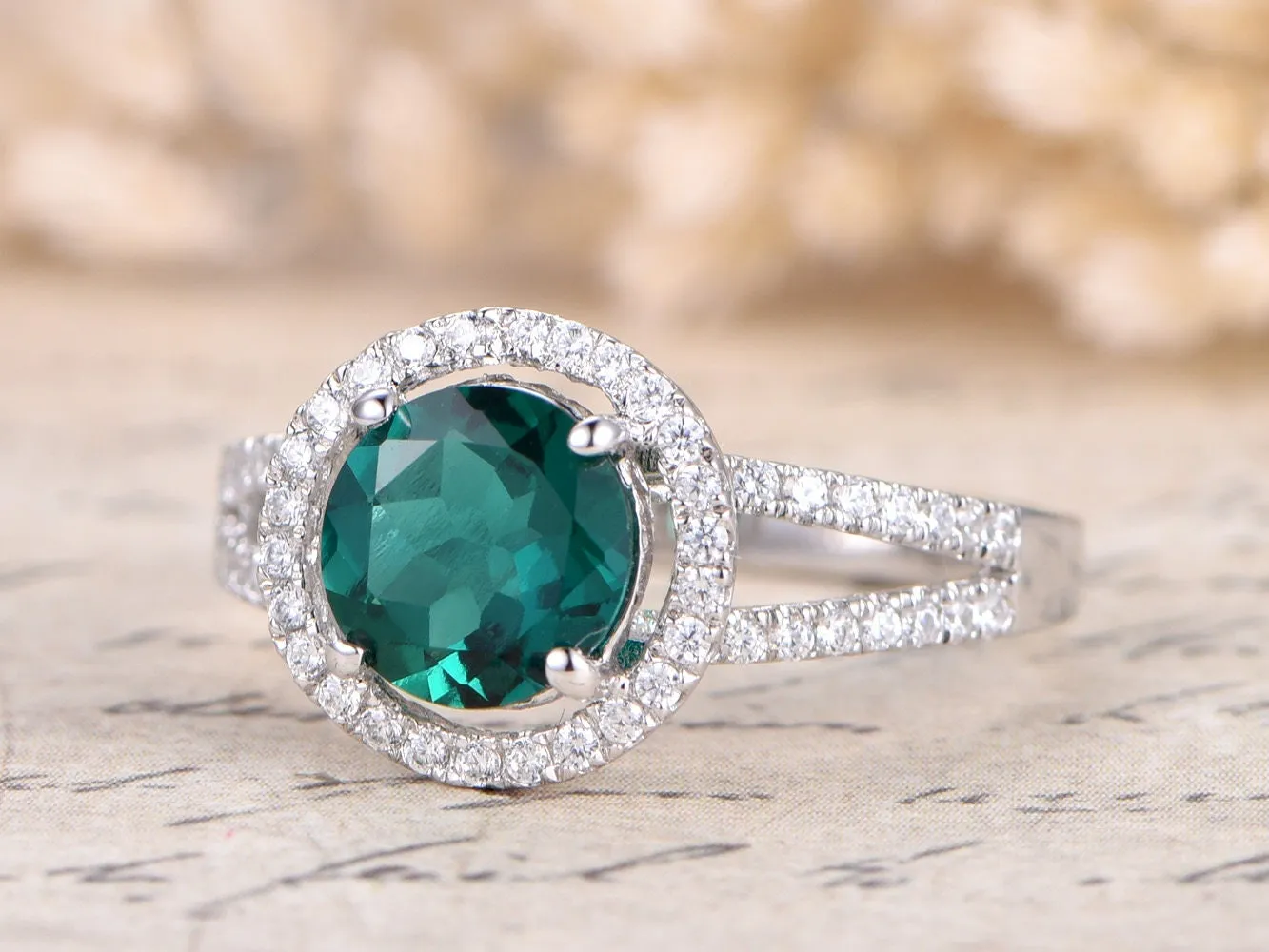 Emerald Engagement Ring 14K White Gold Ring Diamond Band 7mm Round Emerald Ring Split Shank Band Art Deco Ring Promise Ring, Rings For Women