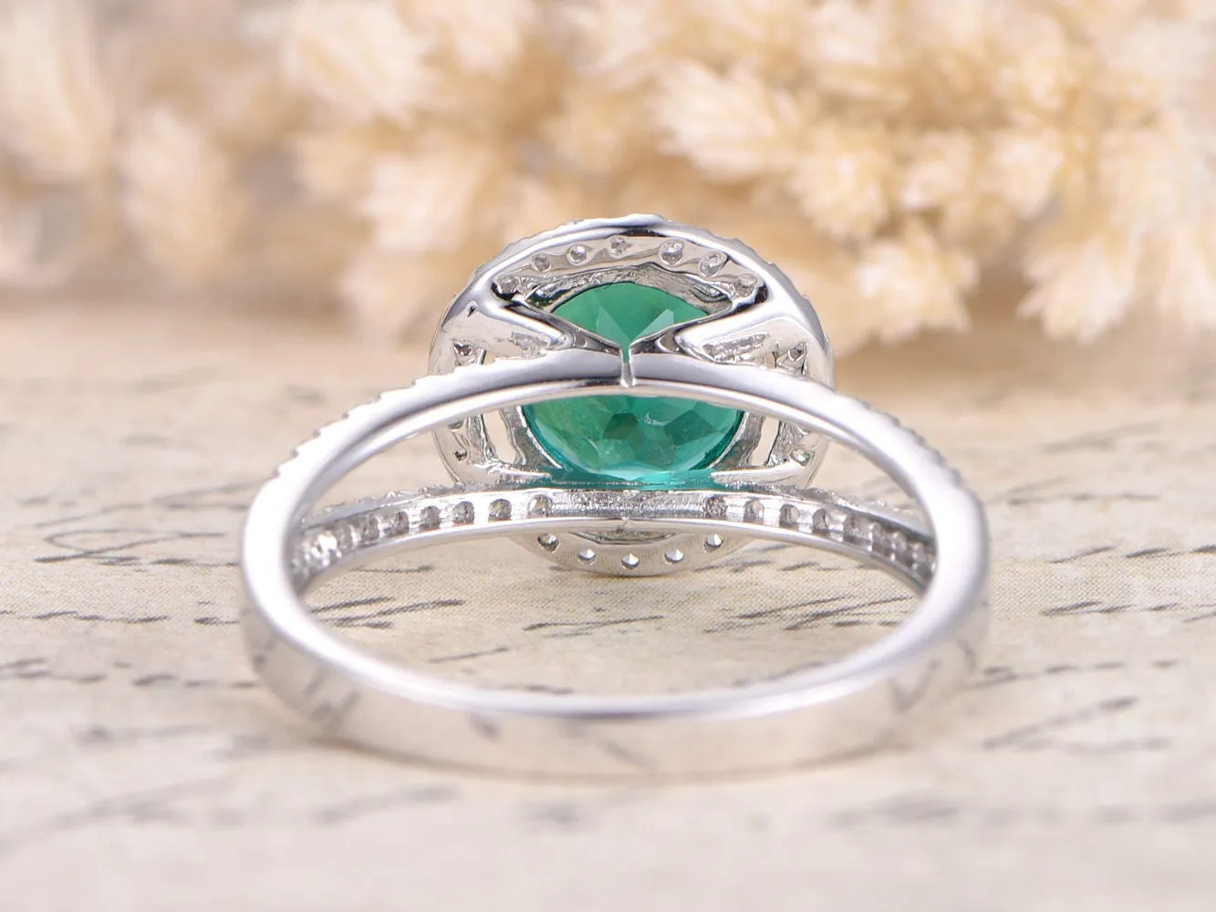 Emerald Engagement Ring 14K White Gold Ring Diamond Band 7mm Round Emerald Ring Split Shank Band Art Deco Ring Promise Ring, Rings For Women