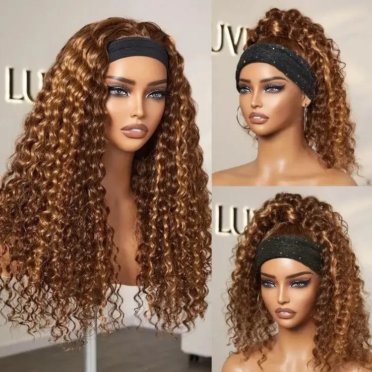 Exclusive Sale | Black / Brown Highlight Deep Wave Headband Wig (Get Free Trendy Headbands)