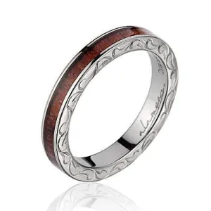 GENUINE HAWAIIAN KOA WOOD HAND ENGRAVED SCROLL BAND RING TITANIUM 3MM (KOA-12)