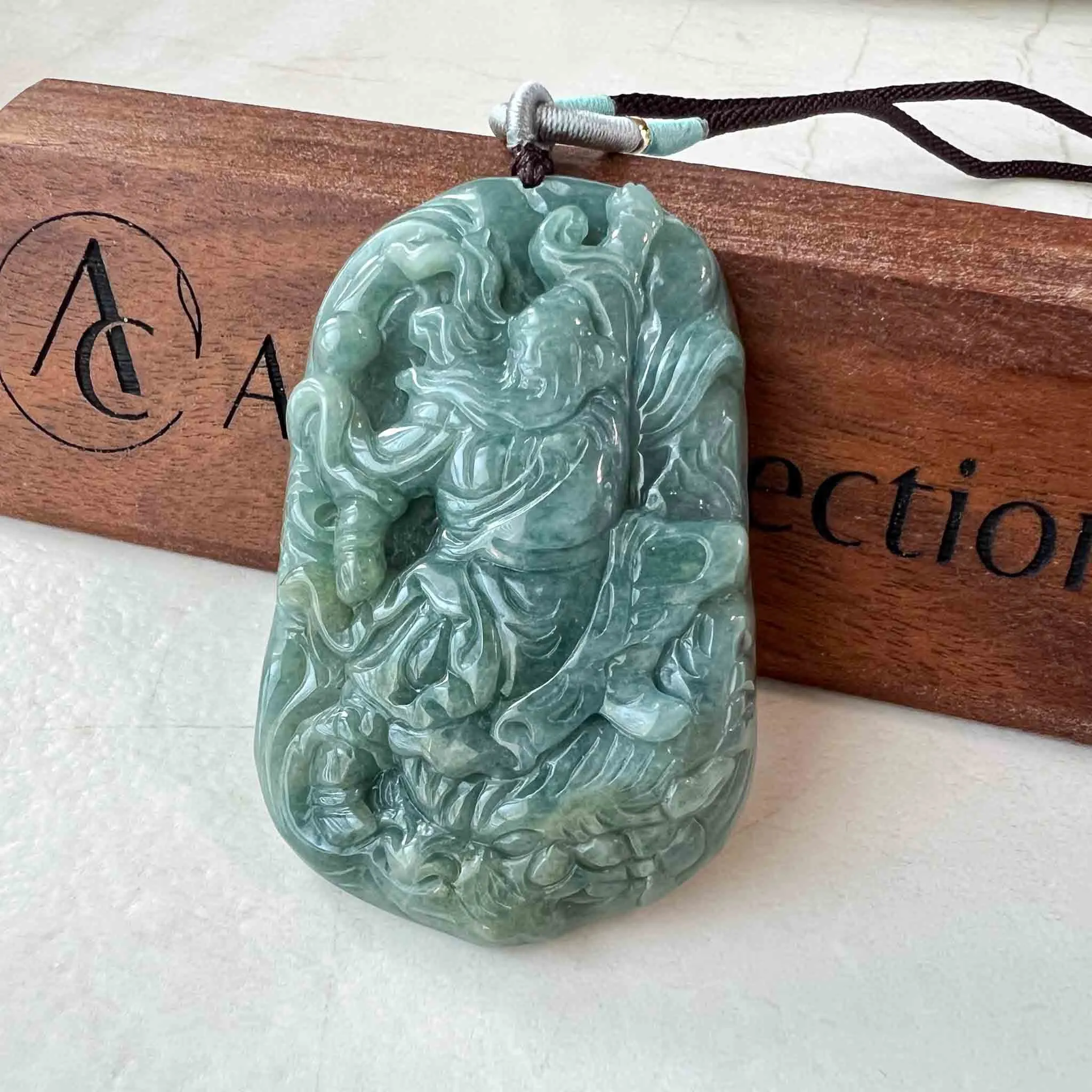 Green Blue Jadeite Jade Guan Yu Guan Gong with Dragon Carved Pendant Necklace, 关公, MY-0223-1688591571
