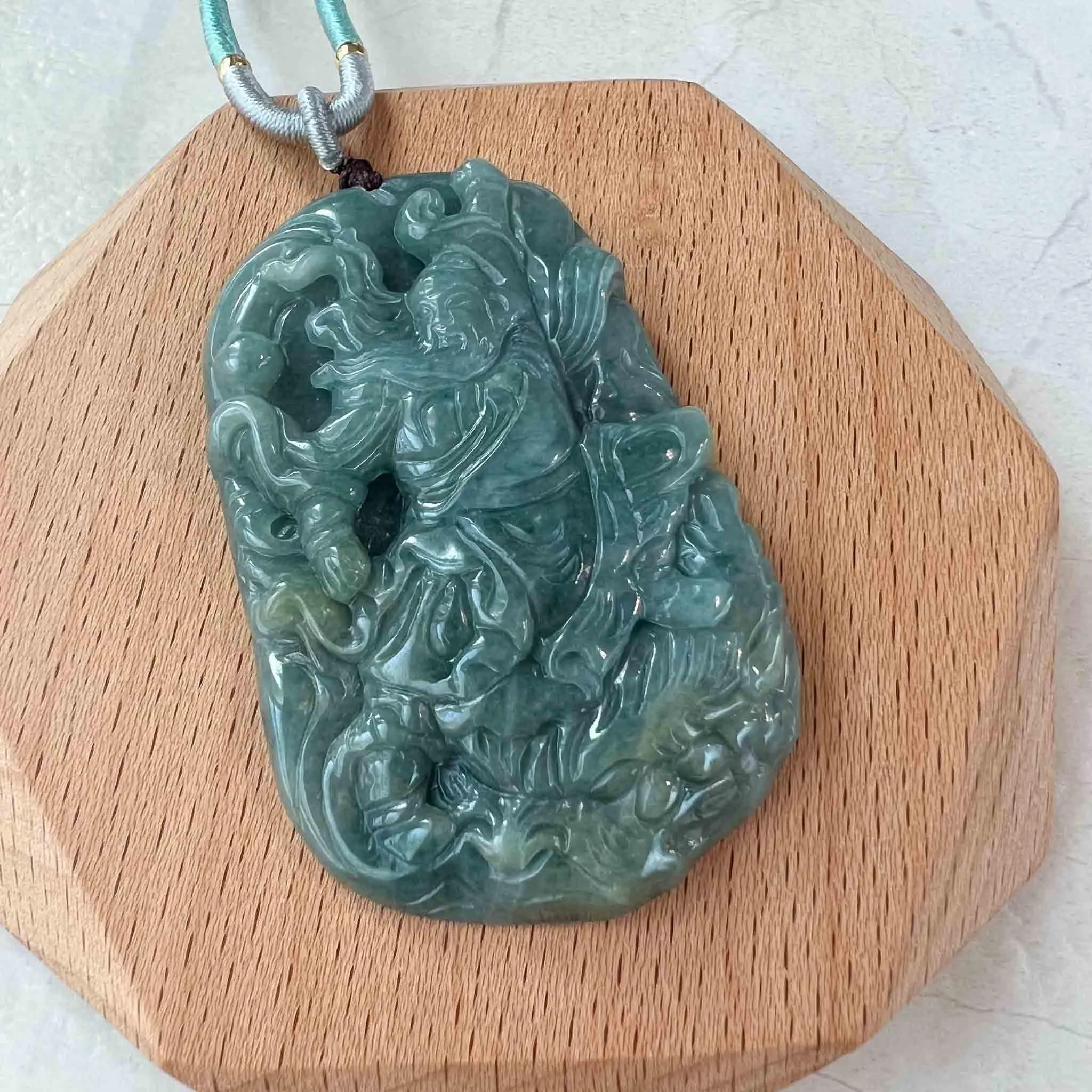 Green Blue Jadeite Jade Guan Yu Guan Gong with Dragon Carved Pendant Necklace, 关公, MY-0223-1688591571