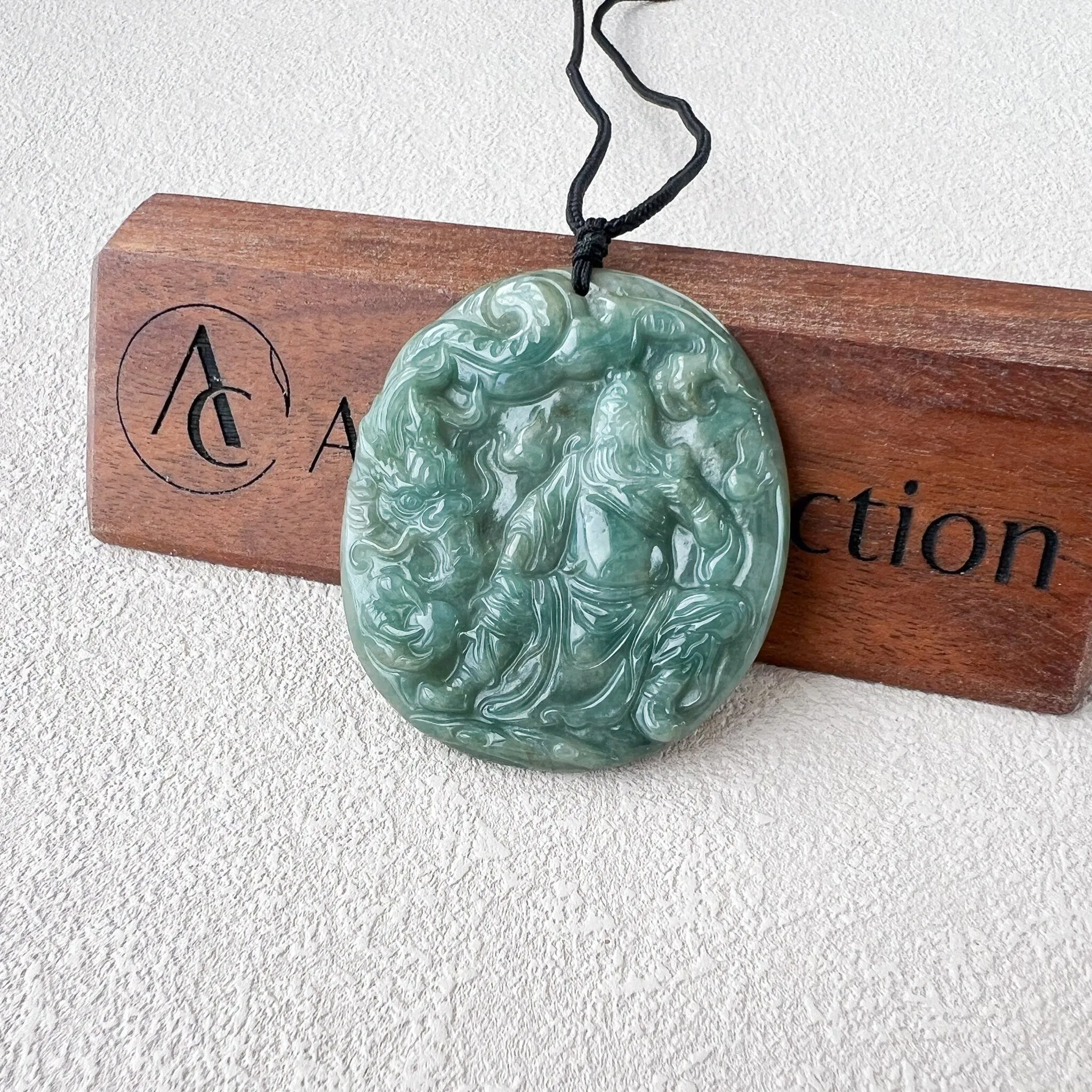 Green Blue Jadeite Jade Guan Yu Guan Gong with Dragon Carved Pendant Necklace, 关公, YJ-0722-0013033