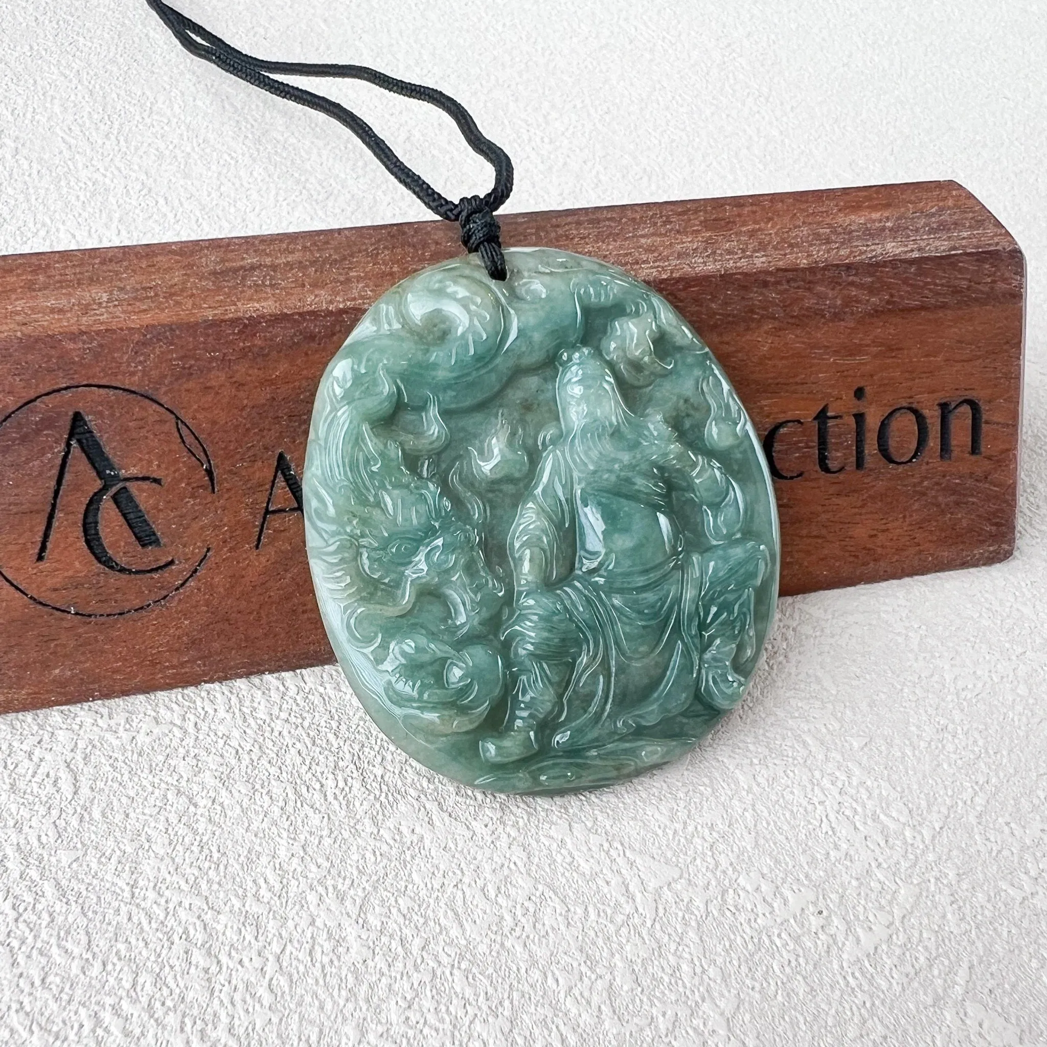 Green Blue Jadeite Jade Guan Yu Guan Gong with Dragon Carved Pendant Necklace, 关公, YJ-0722-0013033