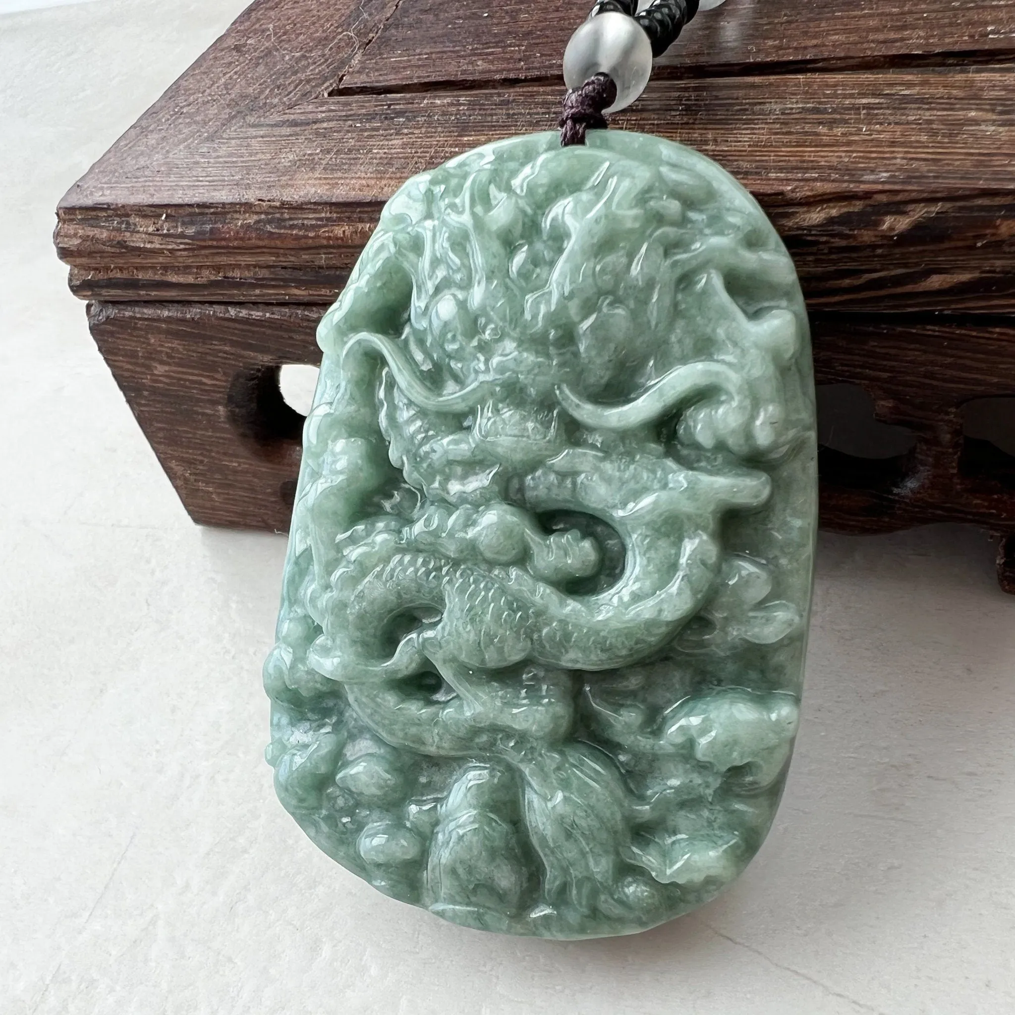 Green Jadeite Jade Dragon Chinese Zodiac Hand Carved Pendant Necklace, YJ-1221-0215654