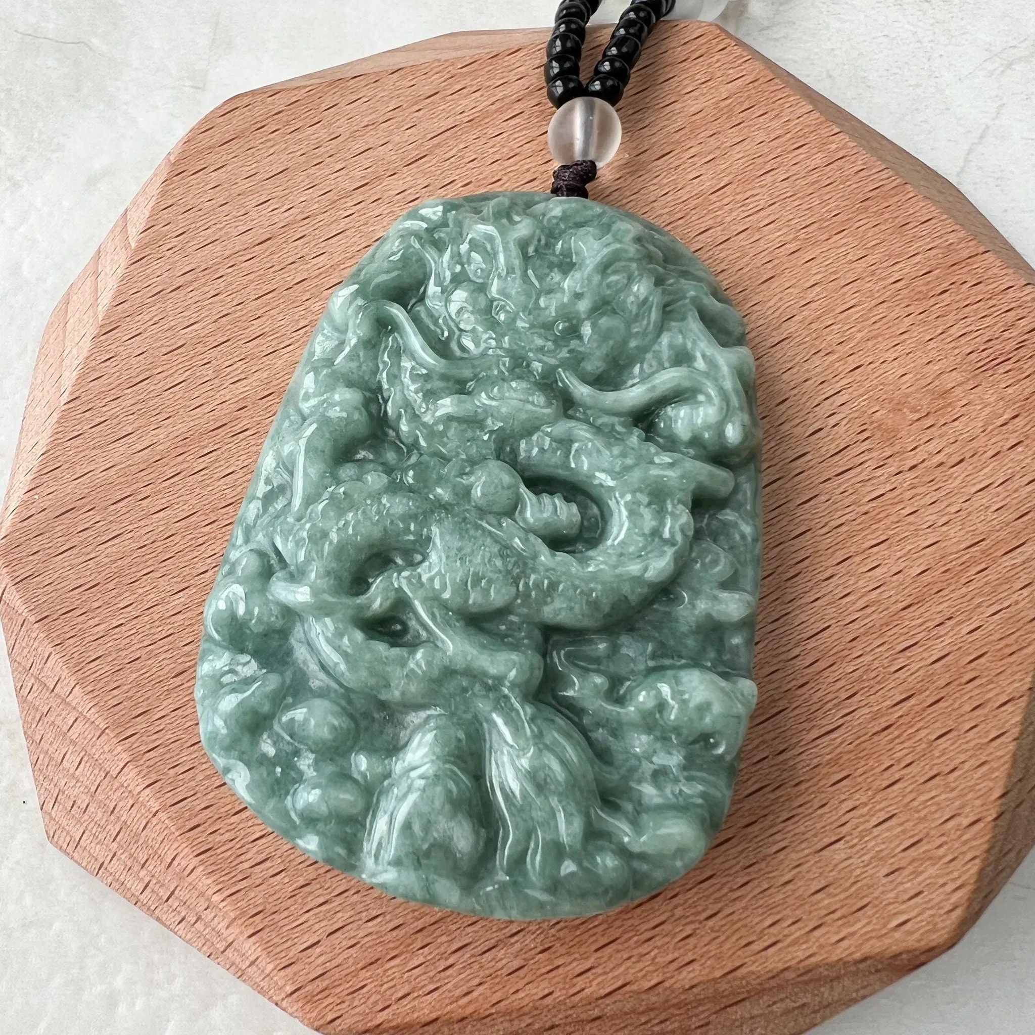 Green Jadeite Jade Dragon Chinese Zodiac Hand Carved Pendant Necklace, YJ-1221-0215654
