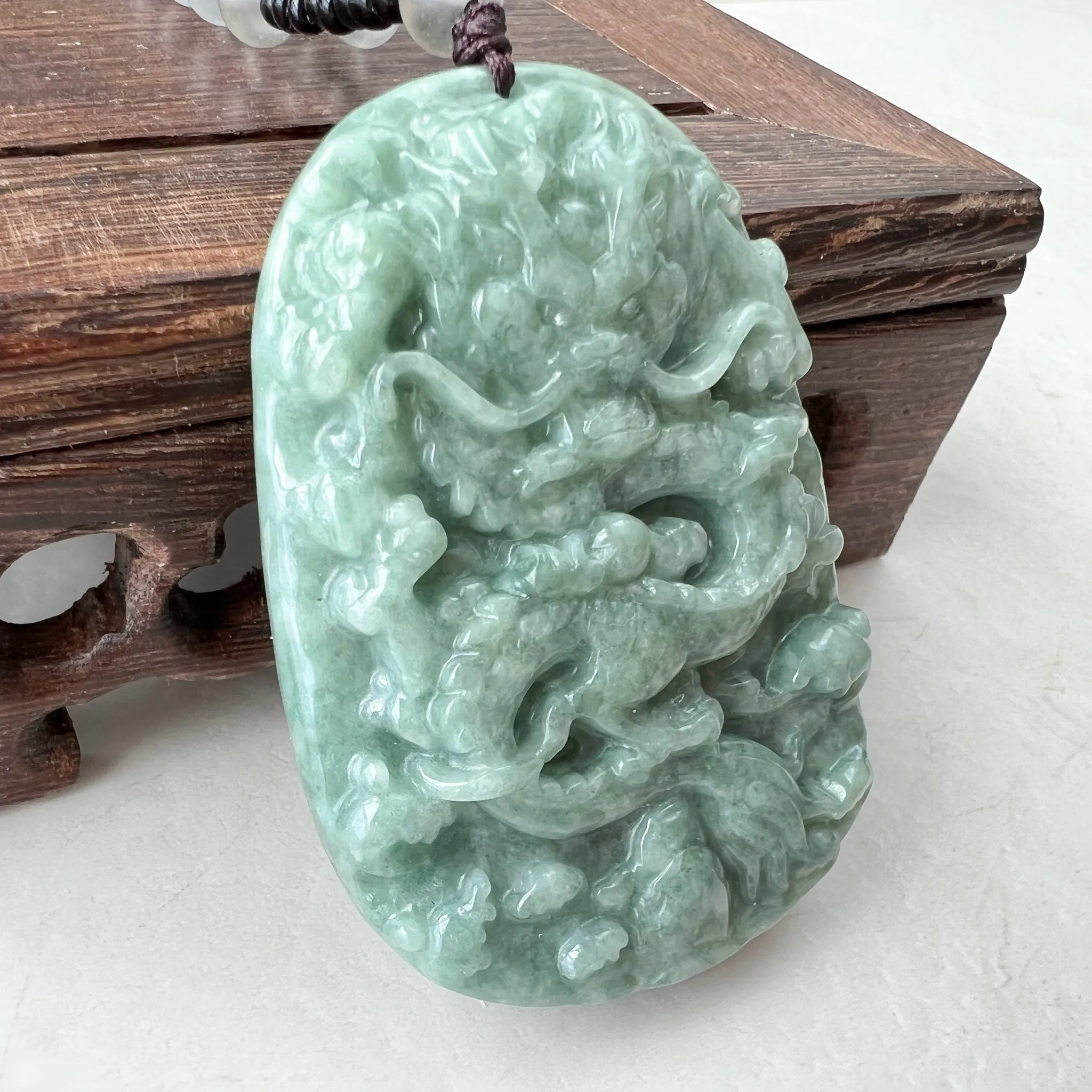Green Jadeite Jade Dragon Chinese Zodiac Hand Carved Pendant Necklace, YJ-1221-0215654