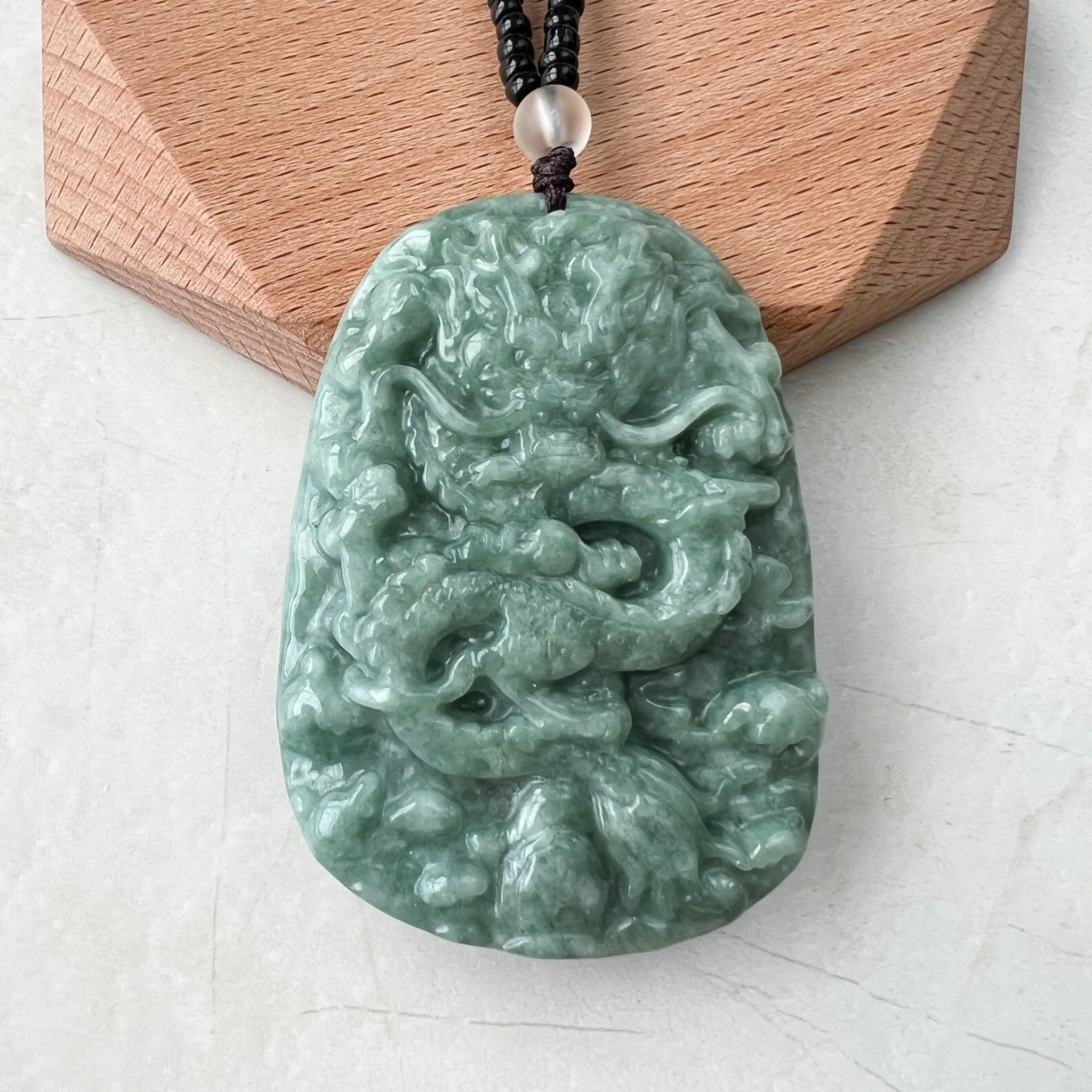 Green Jadeite Jade Dragon Chinese Zodiac Hand Carved Pendant Necklace, YJ-1221-0215654