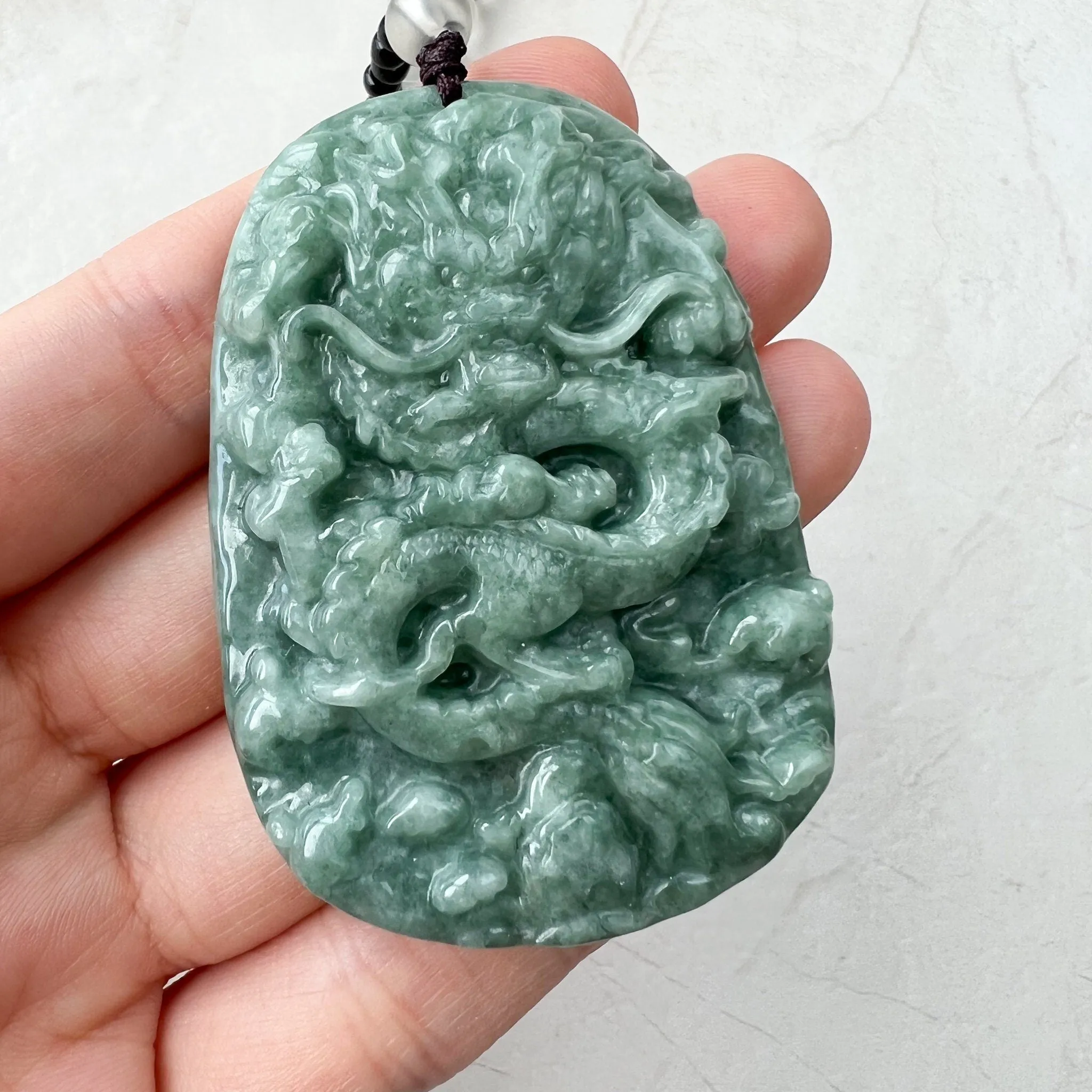 Green Jadeite Jade Dragon Chinese Zodiac Hand Carved Pendant Necklace, YJ-1221-0215654