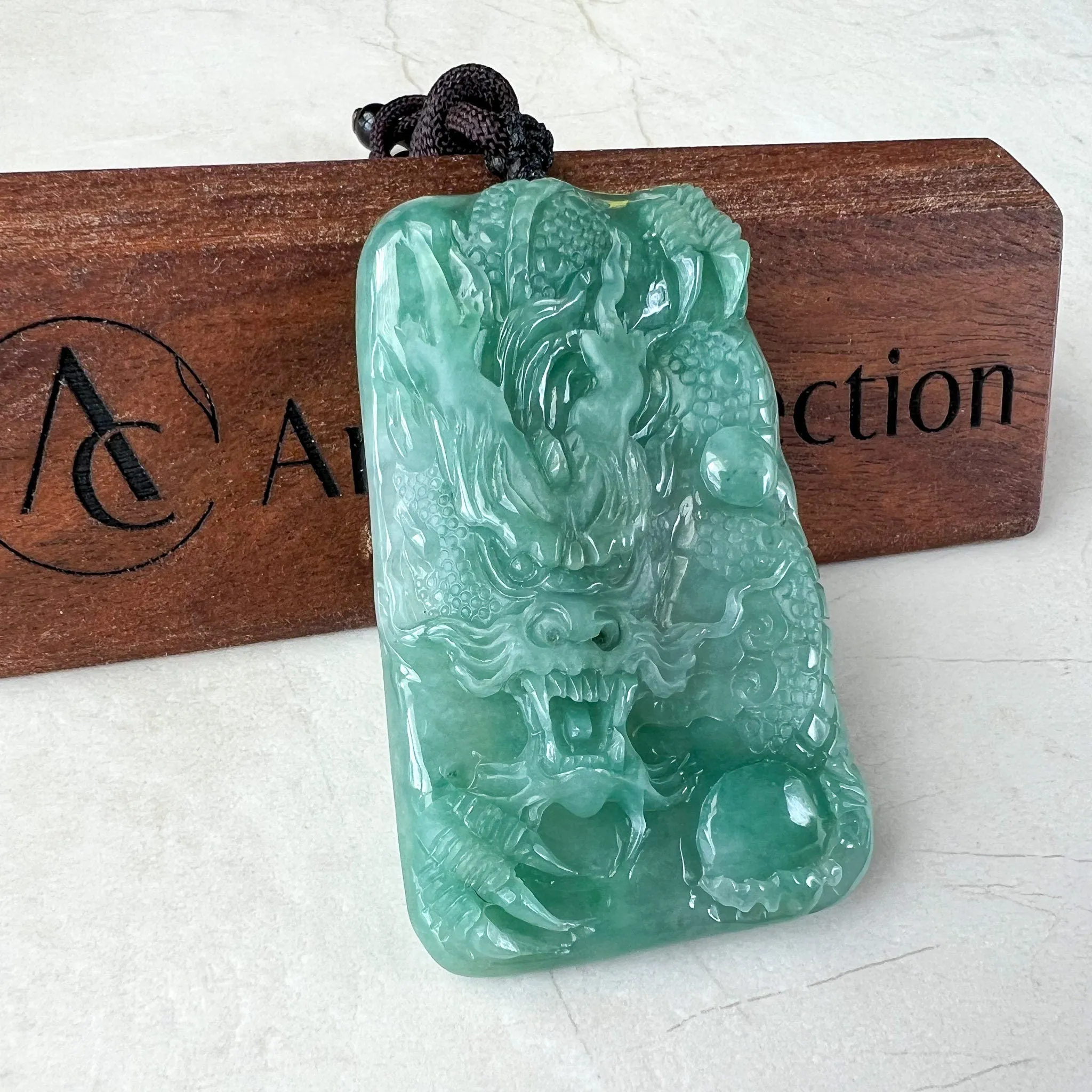Green Jadeite Jade Dragon Chinese Zodiac Hand Carved Pendant Necklace, YJ-1222-0092394
