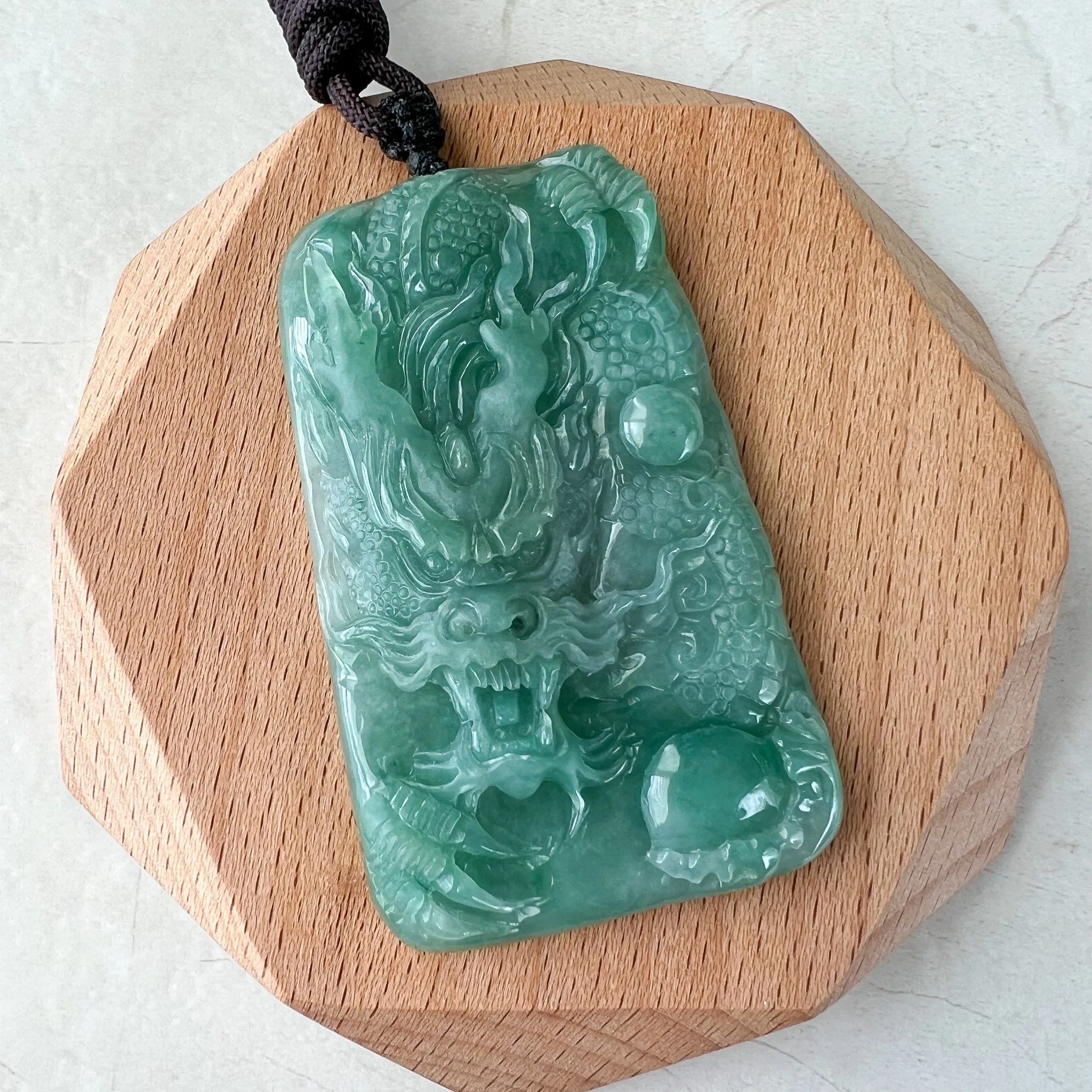 Green Jadeite Jade Dragon Chinese Zodiac Hand Carved Pendant Necklace, YJ-1222-0092394