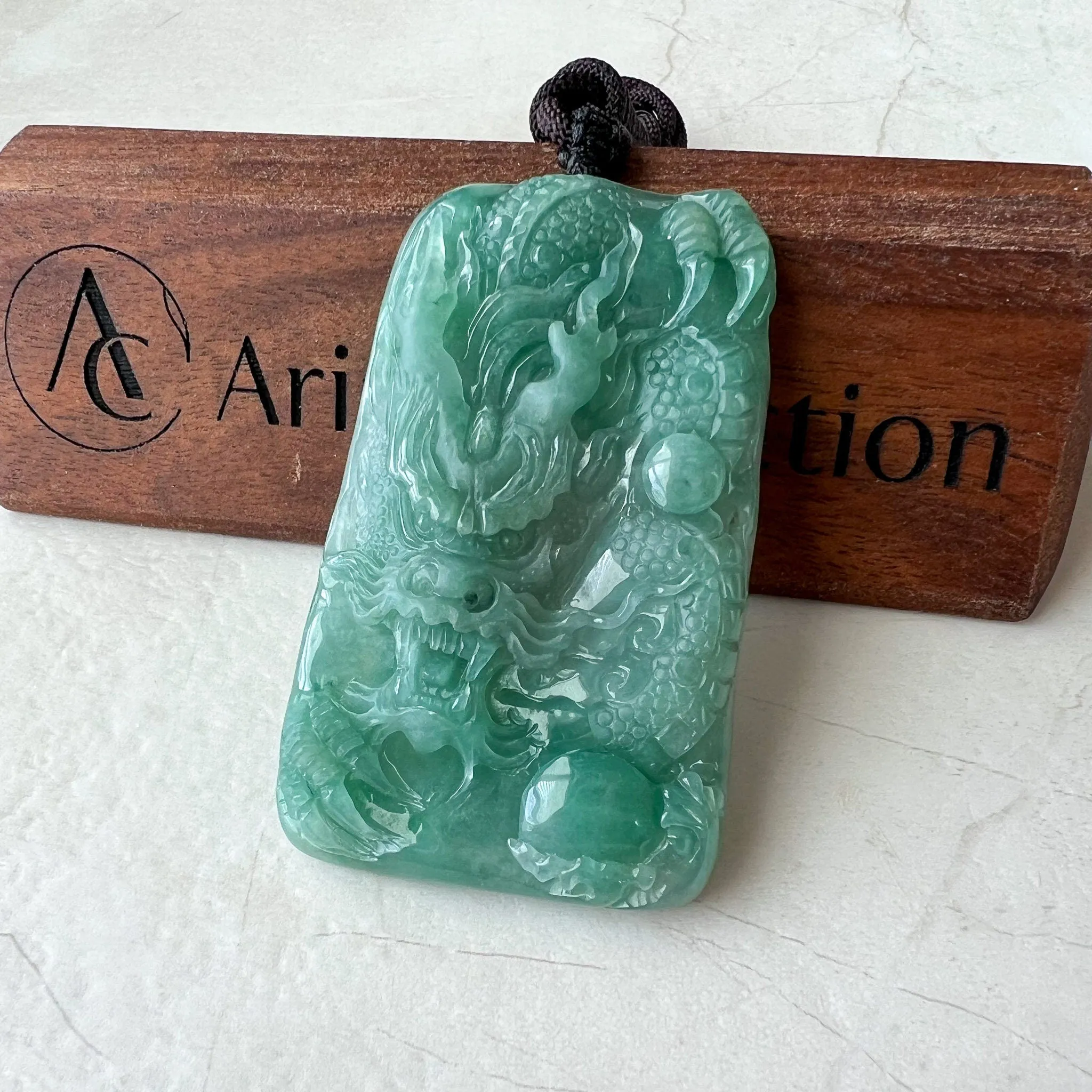 Green Jadeite Jade Dragon Chinese Zodiac Hand Carved Pendant Necklace, YJ-1222-0092394