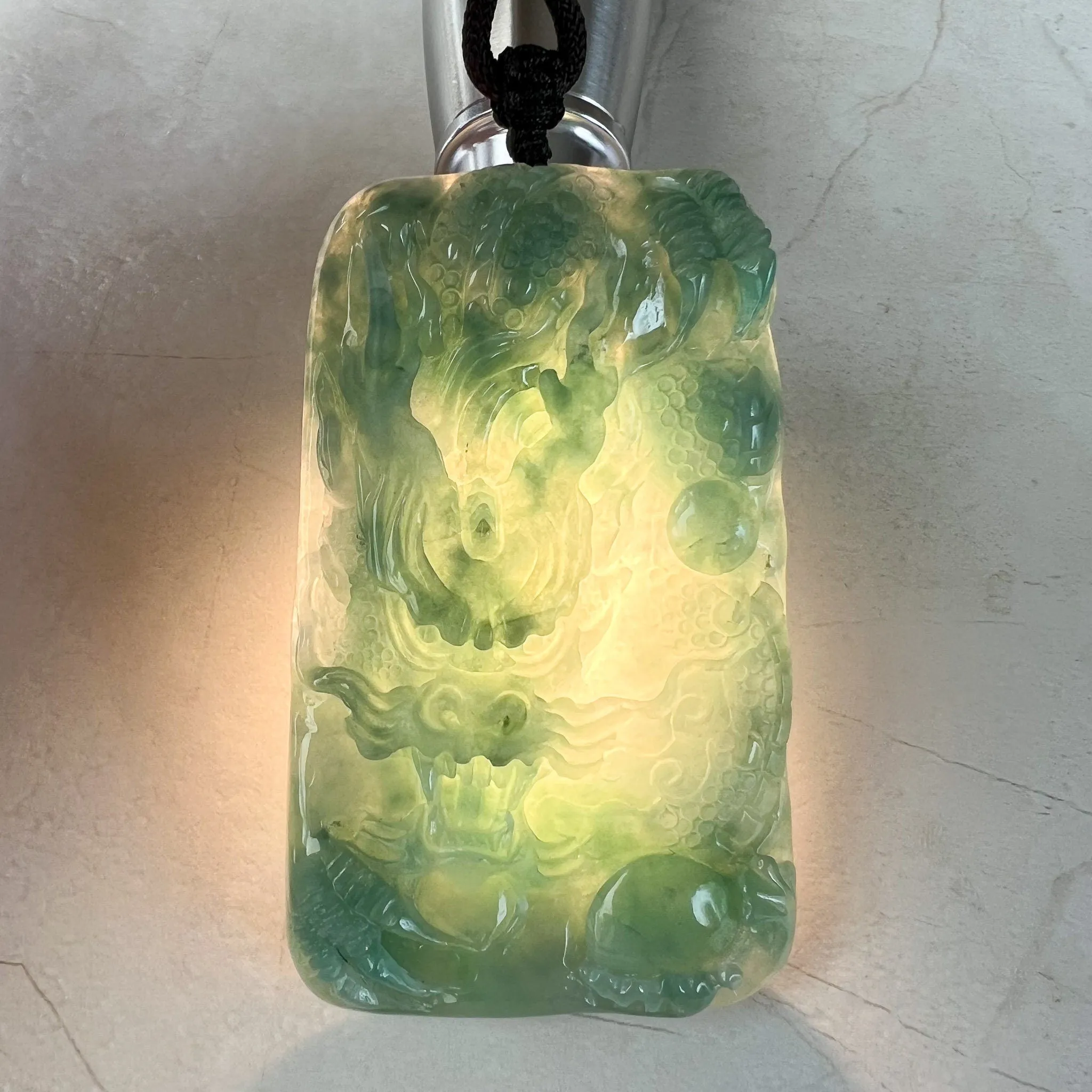 Green Jadeite Jade Dragon Chinese Zodiac Hand Carved Pendant Necklace, YJ-1222-0092394