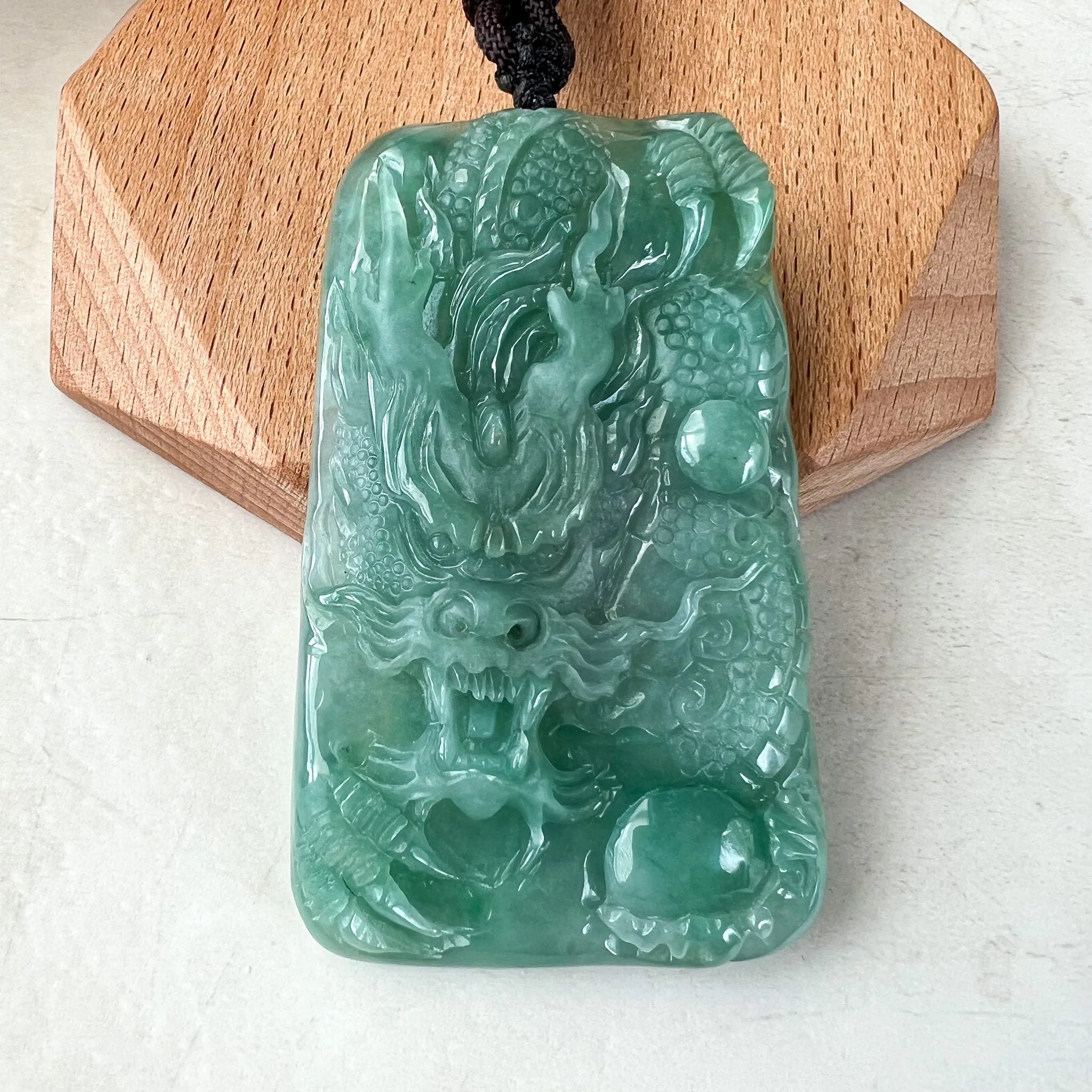 Green Jadeite Jade Dragon Chinese Zodiac Hand Carved Pendant Necklace, YJ-1222-0092394