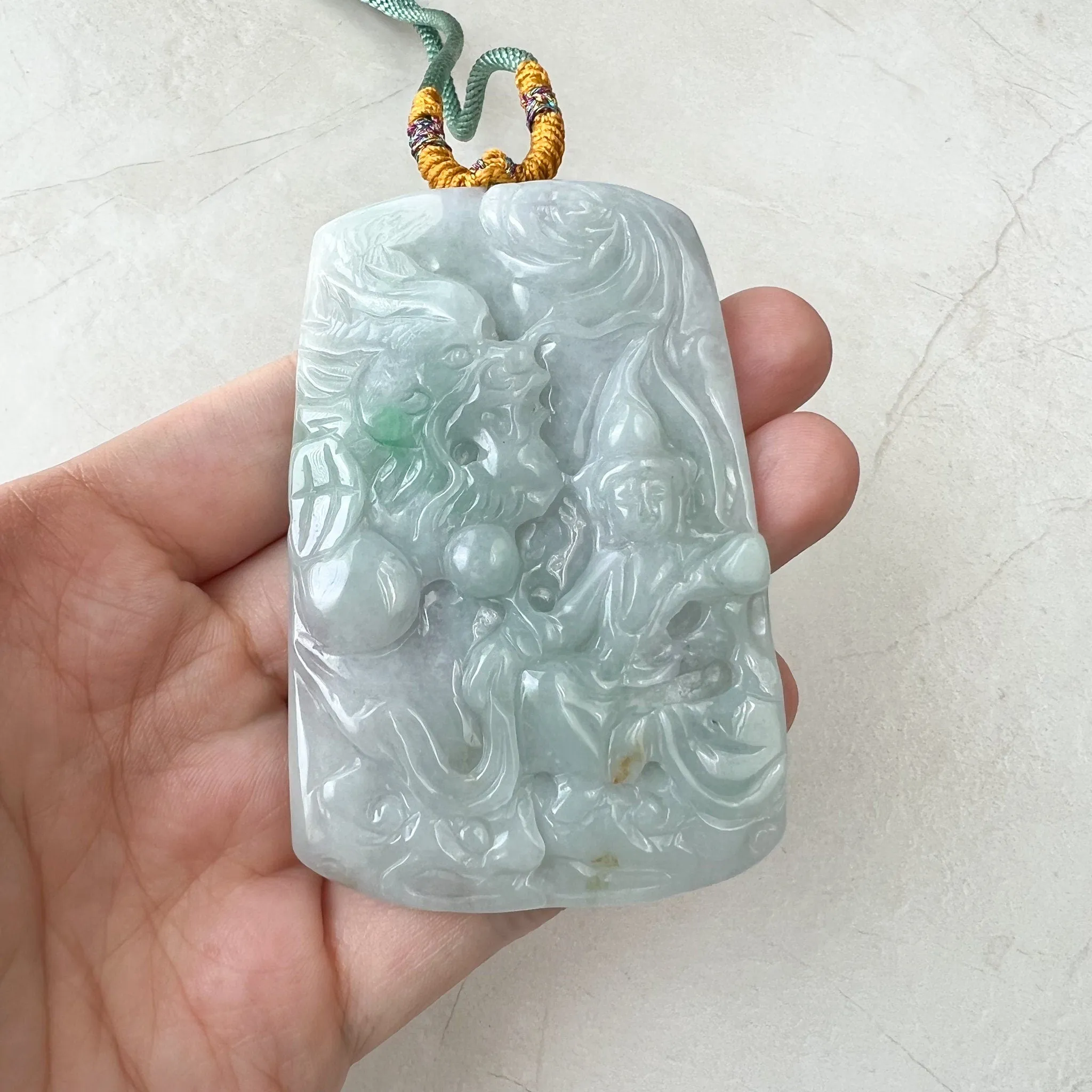 Jadeite Jade Mahasthamaprapta Buddha, Da Shi Zhi , Đại Thế Chí Bồ tát, 大势至, Large Dragon Carved Pendant Necklace, YJ-1221-0244290