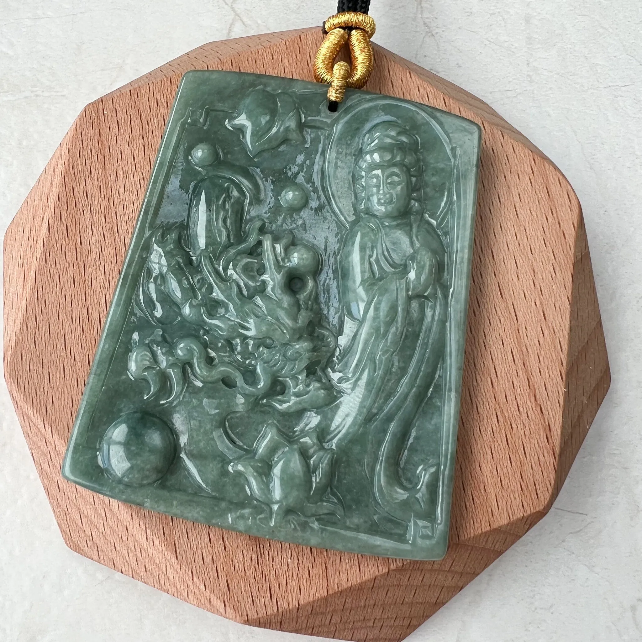 Large Green Jadeite Jade Guan Yin Kwan Yin Protected by Dragon, Avalokitesvara, Hand Carved Pendant Necklace, Quan Am, YJ-1221-0143581