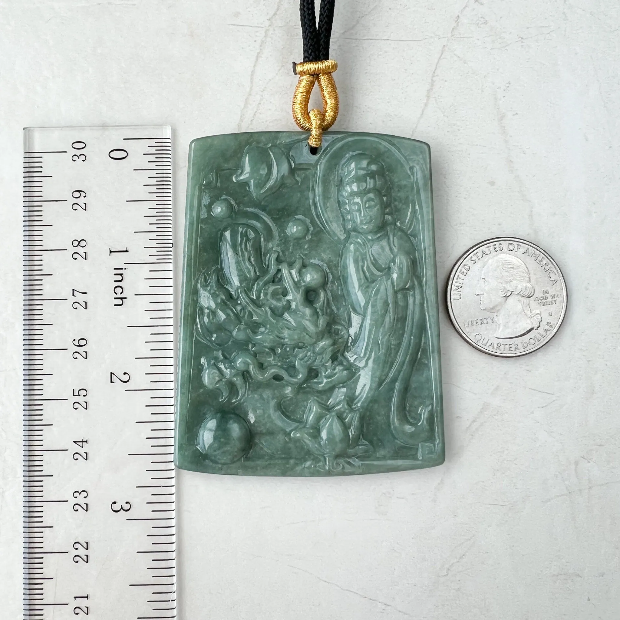 Large Green Jadeite Jade Guan Yin Kwan Yin Protected by Dragon, Avalokitesvara, Hand Carved Pendant Necklace, Quan Am, YJ-1221-0143581