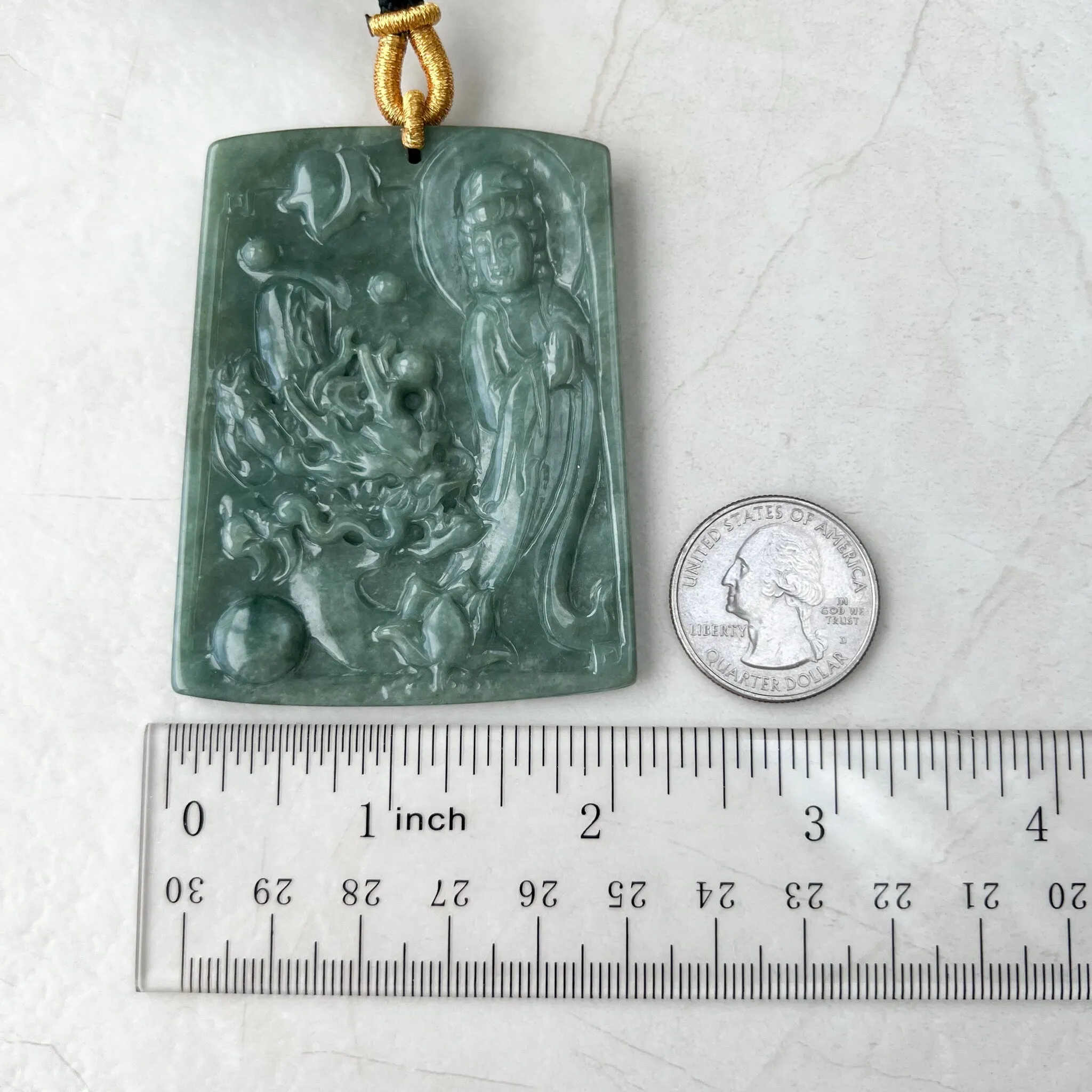 Large Green Jadeite Jade Guan Yin Kwan Yin Protected by Dragon, Avalokitesvara, Hand Carved Pendant Necklace, Quan Am, YJ-1221-0143581