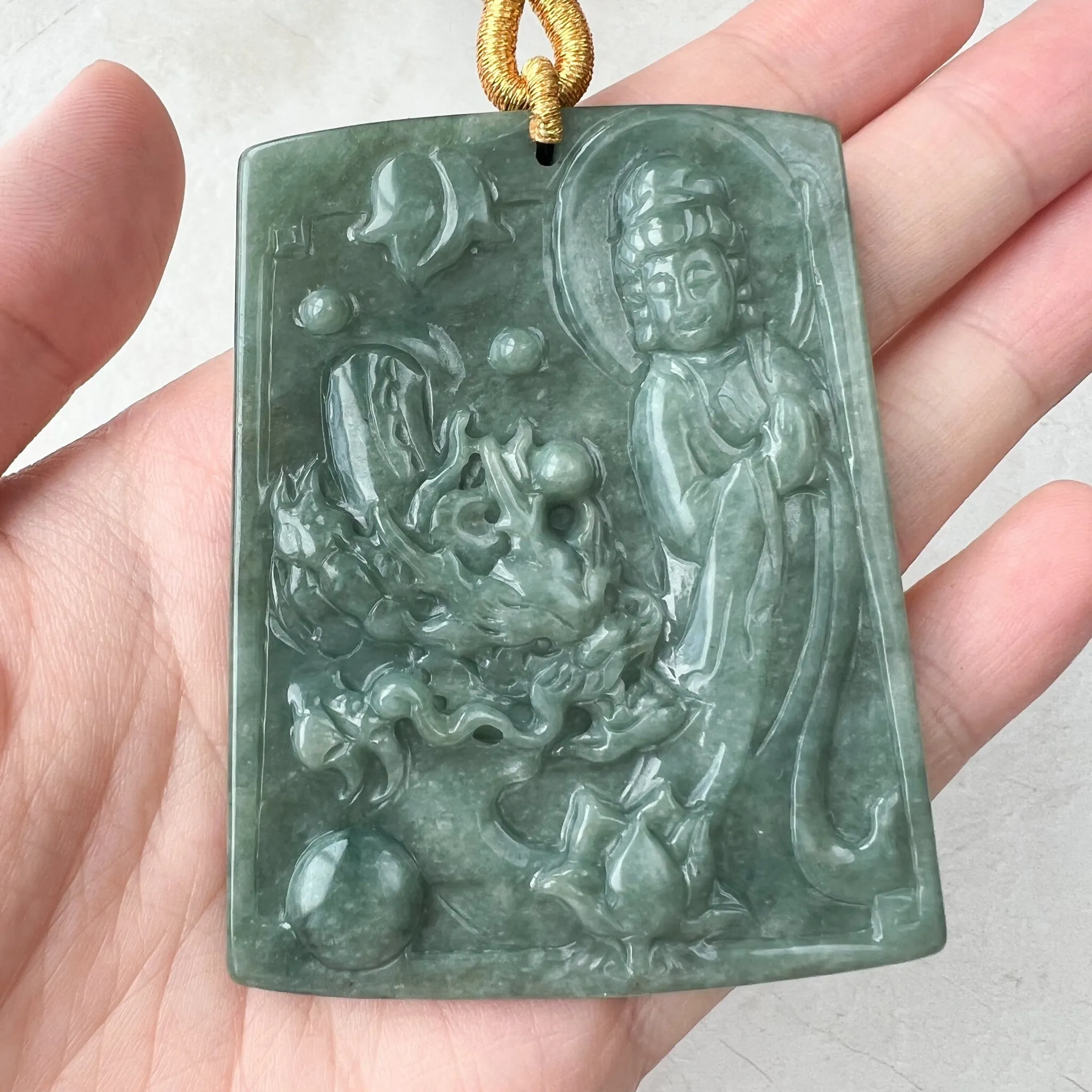 Large Green Jadeite Jade Guan Yin Kwan Yin Protected by Dragon, Avalokitesvara, Hand Carved Pendant Necklace, Quan Am, YJ-1221-0143581