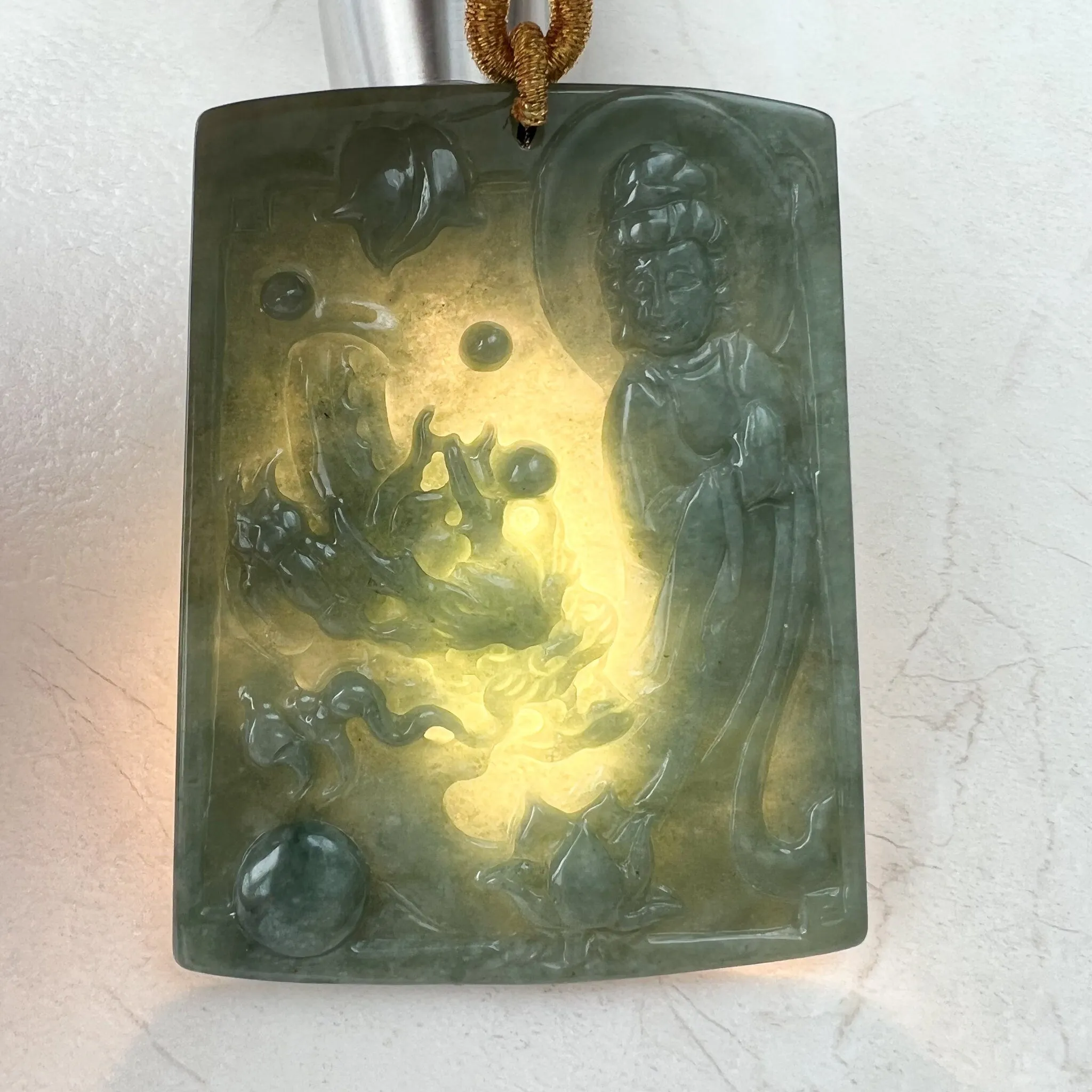 Large Green Jadeite Jade Guan Yin Kwan Yin Protected by Dragon, Avalokitesvara, Hand Carved Pendant Necklace, Quan Am, YJ-1221-0143581