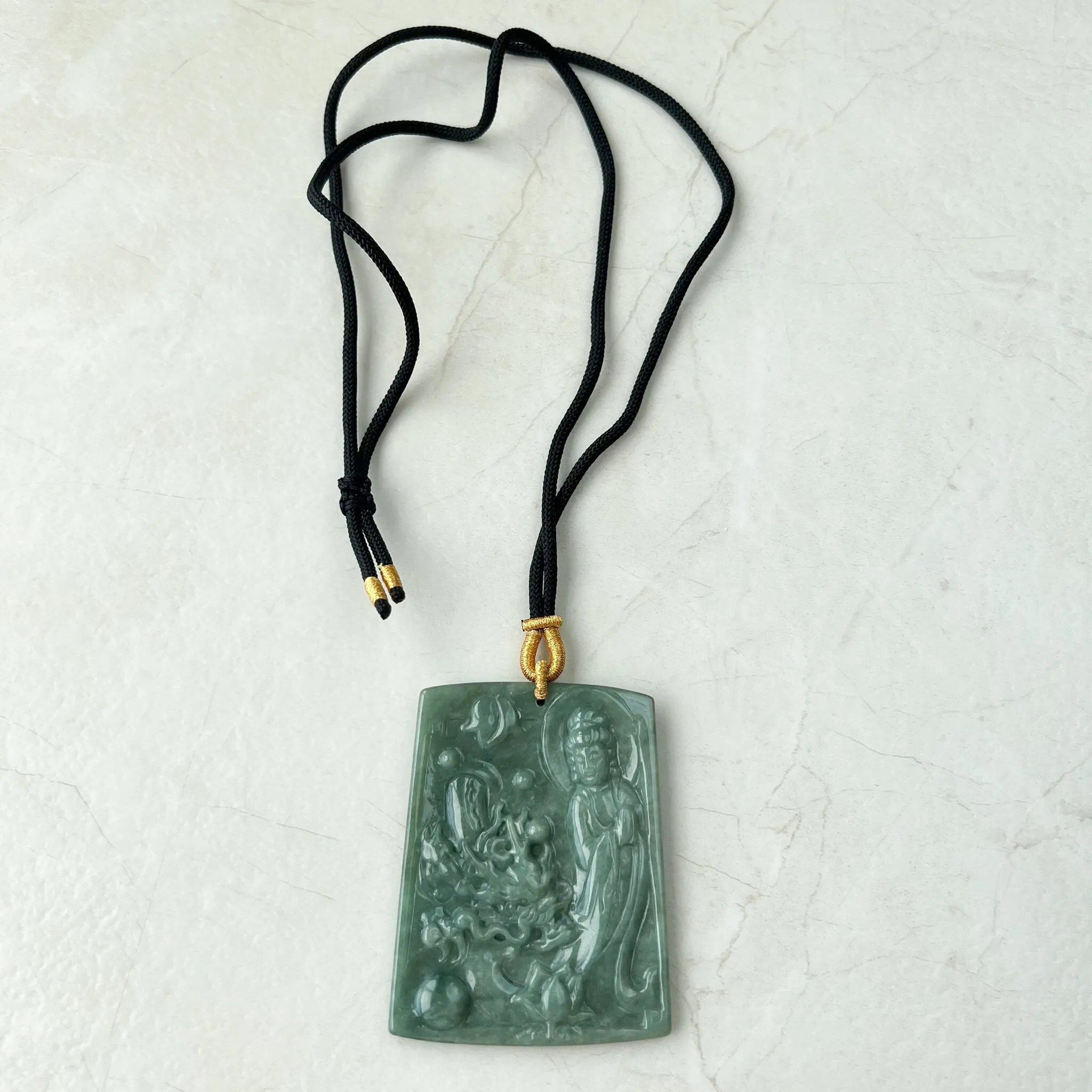 Large Green Jadeite Jade Guan Yin Kwan Yin Protected by Dragon, Avalokitesvara, Hand Carved Pendant Necklace, Quan Am, YJ-1221-0143581