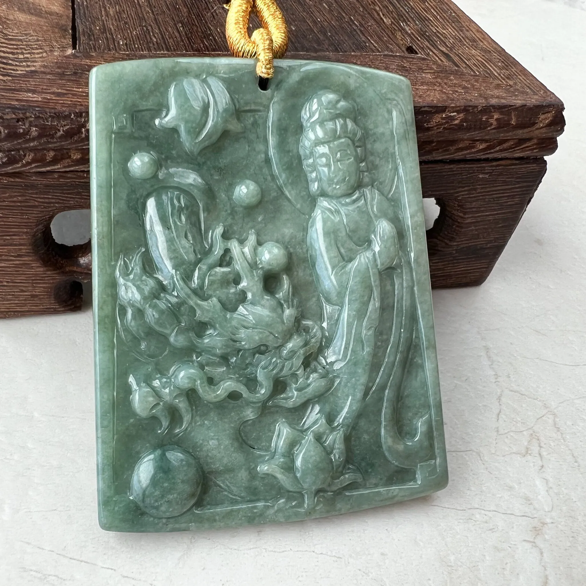 Large Green Jadeite Jade Guan Yin Kwan Yin Protected by Dragon, Avalokitesvara, Hand Carved Pendant Necklace, Quan Am, YJ-1221-0143581