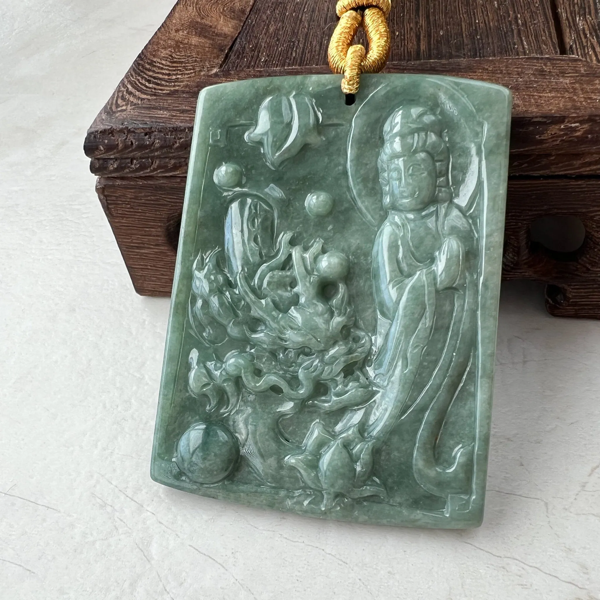 Large Green Jadeite Jade Guan Yin Kwan Yin Protected by Dragon, Avalokitesvara, Hand Carved Pendant Necklace, Quan Am, YJ-1221-0143581