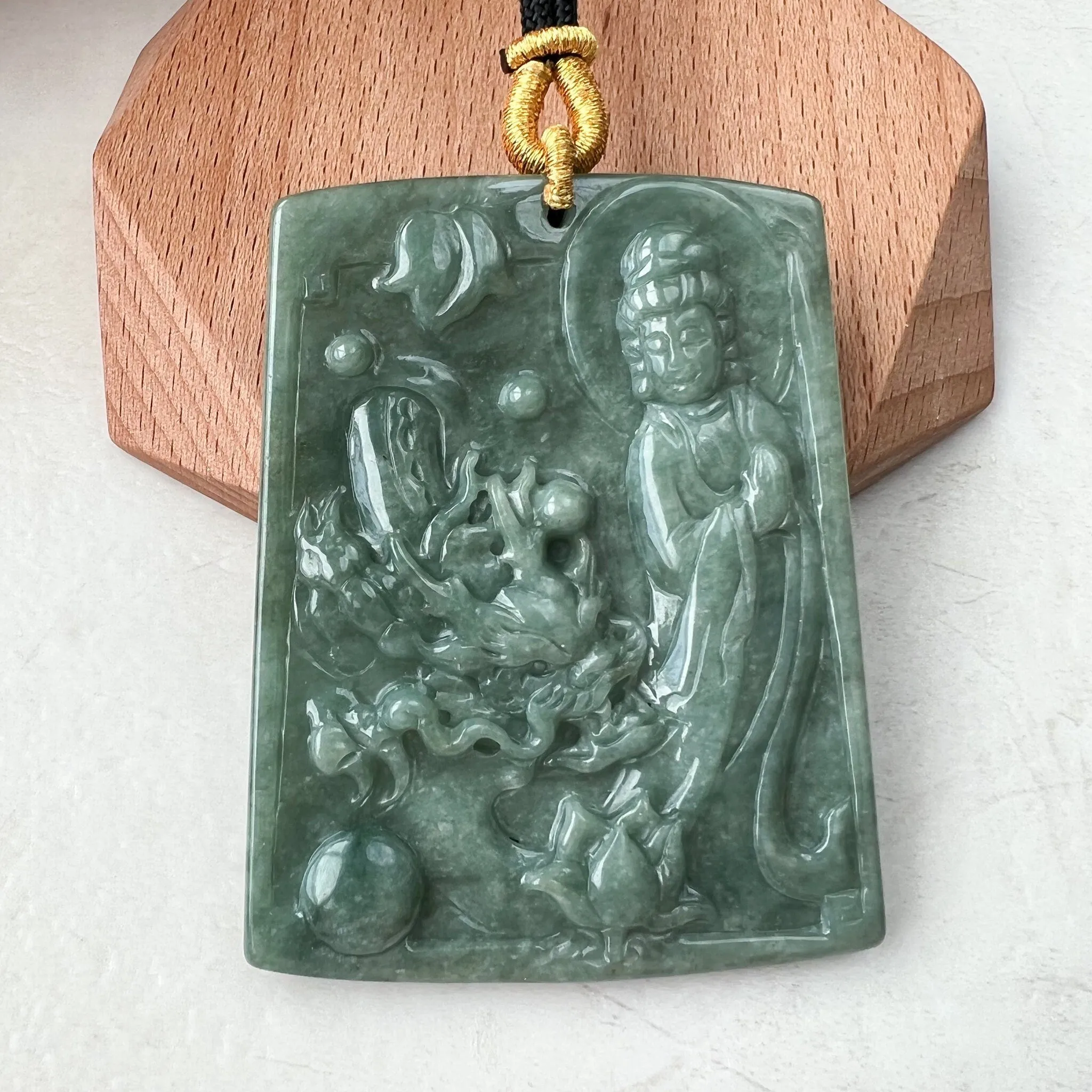 Large Green Jadeite Jade Guan Yin Kwan Yin Protected by Dragon, Avalokitesvara, Hand Carved Pendant Necklace, Quan Am, YJ-1221-0143581