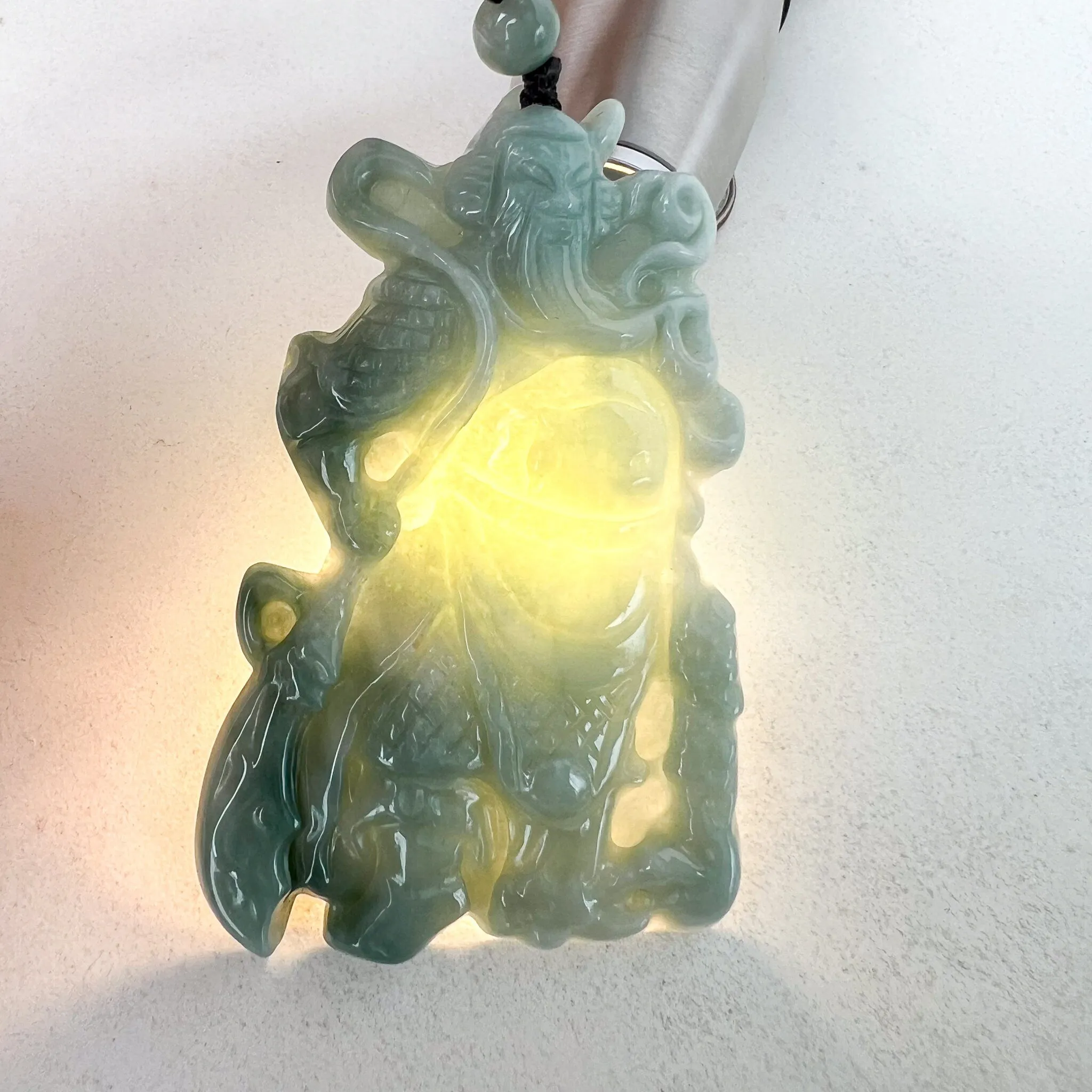 Large Green Jadeite Jade Guan Yu Guan Gong Carved Pendant Necklace, BGC-0323-0038452