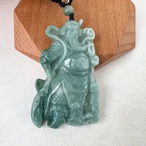 Large Green Jadeite Jade Guan Yu Guan Gong Carved Pendant Necklace, BGC-0323-0038452